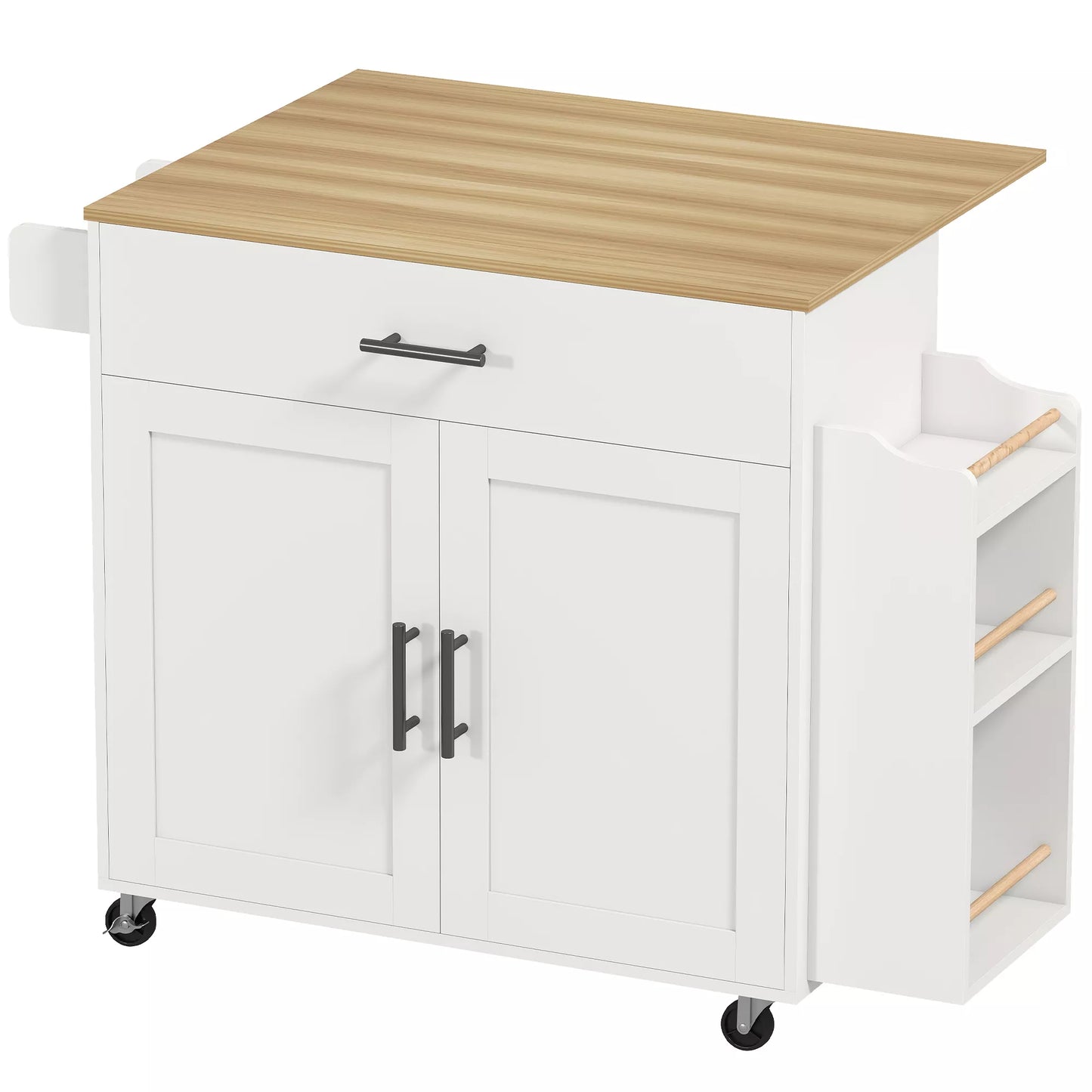 Virtuvės sala, virtuvės vežimėlis su ratukais, su atlenkiamu stalviršiu, stalčiu, lentynėle, 120 x 68 x 85 cm, balta