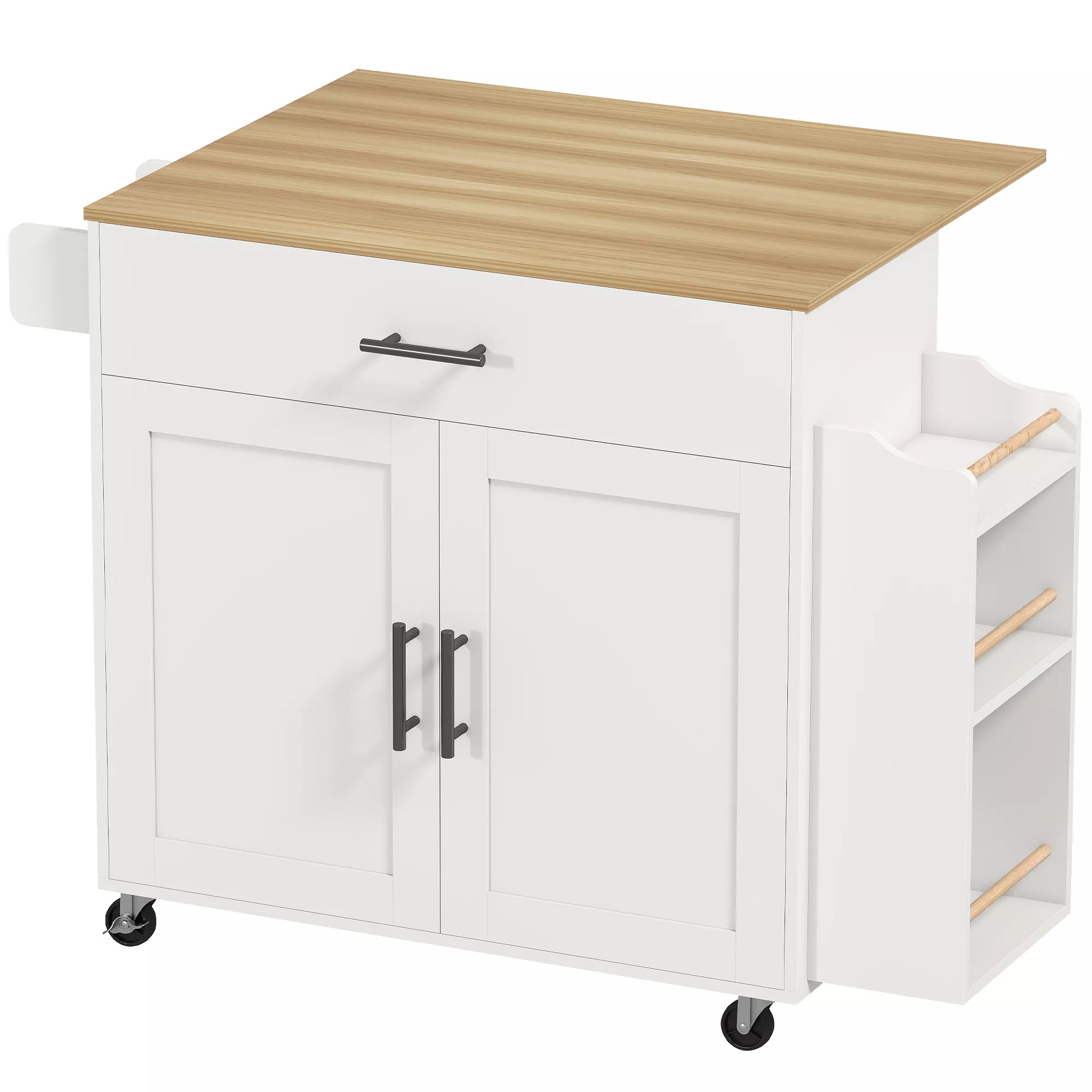 Virtuvės sala, virtuvės vežimėlis su ratukais, su atlenkiamu stalviršiu, stalčiu, lentynėle, 120 x 68 x 85 cm, balta