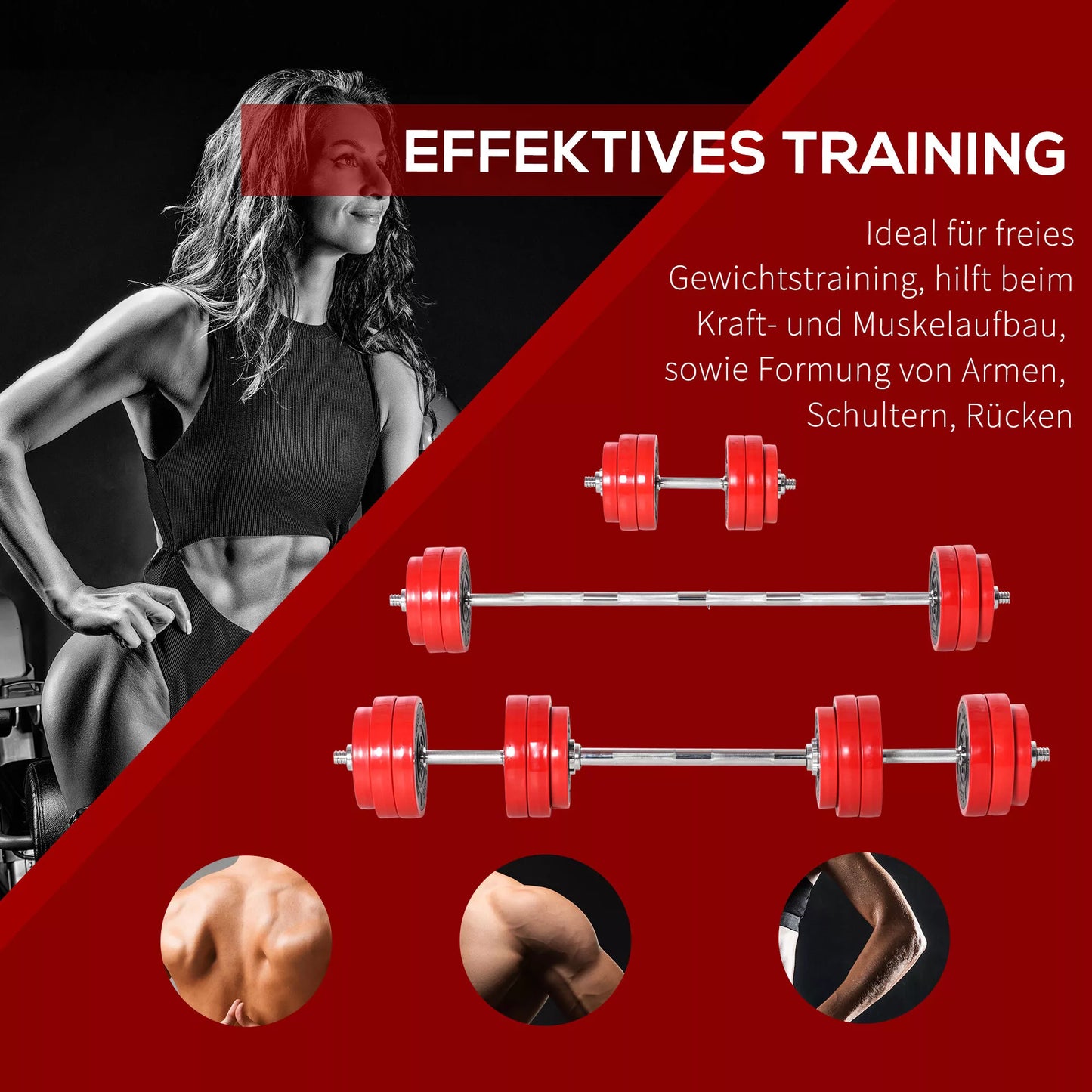 20/30 KG hantelių rinkinys 2-IN-1, reguliuojami hanteliai ir štanga, sunkumų kilnojimui namuose, raumenims, plienas, PP plastikas, geležies smėlis, raudona+juoda, 21,5 x 21,5 x 3,8 cm