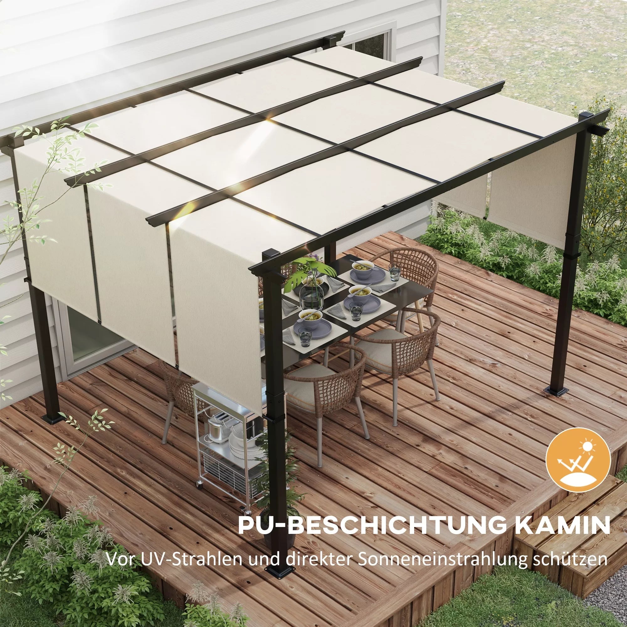 Markizė nuo saulės. Pergola, atspari oro sąlygoms, su tvirtinimo detalėmis, 3 x 3,5 m, smėlio spalvos