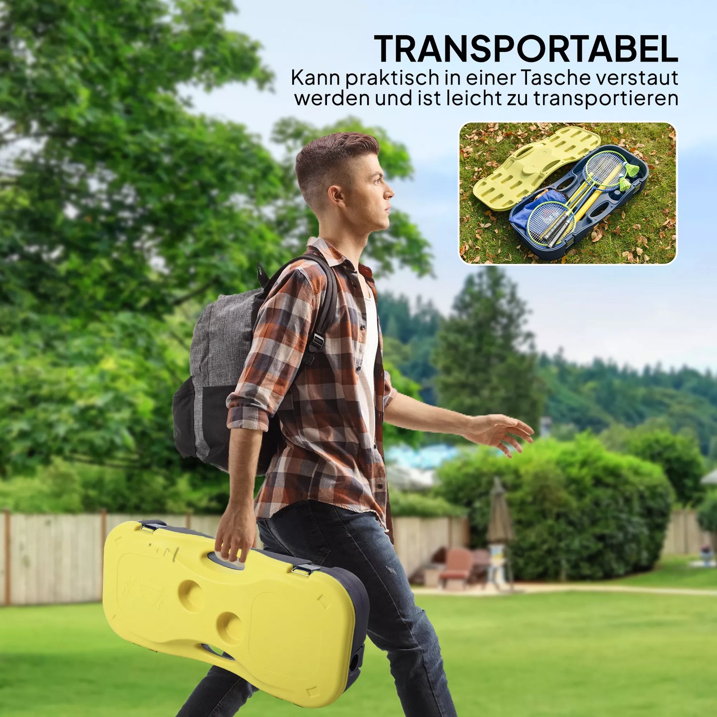 Badmintono tinklas su stovu, nešiojamas tinklo stovas, badmintono tinklas su 4 raketėmis, lauko sportui, geltonai-mėlynas, 286 x 33 x 157 cm