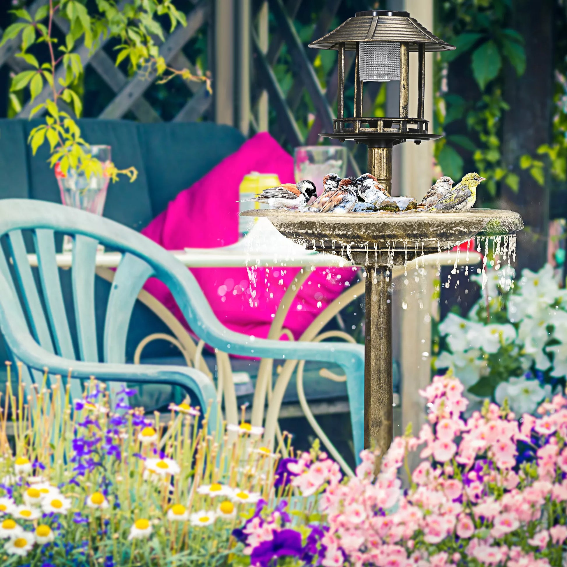 Paukščių girdykla Paukščių namelis Lesyklė, atspari oro sąlygoms, 2 dubenėliai, vintage dizainas, 50 x 50 x 110 cm, bronzos spalvos