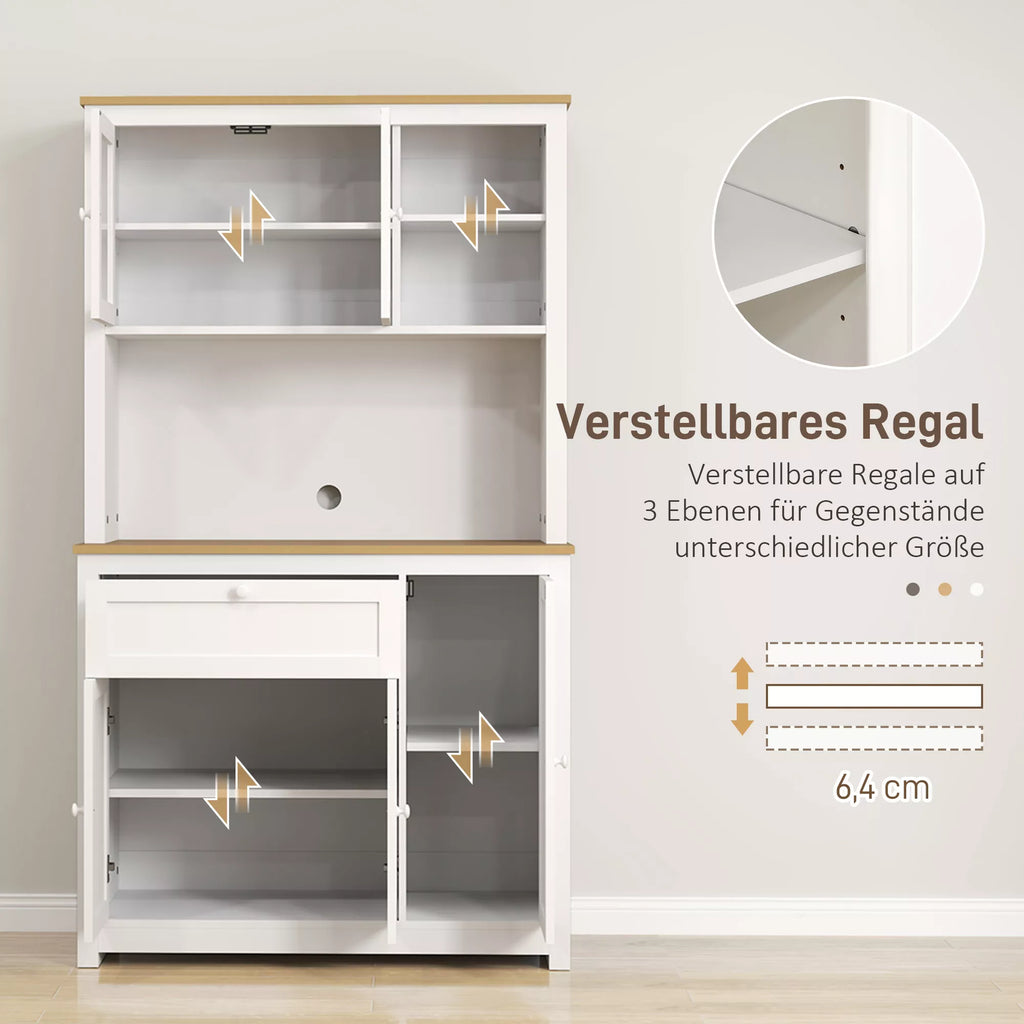 Virtuvės spintelė kaimiško stiliaus, 1 vitrina, 1 atvira lentyna, 1 stalčius, 2 spintelės, natūrali spalva + balta