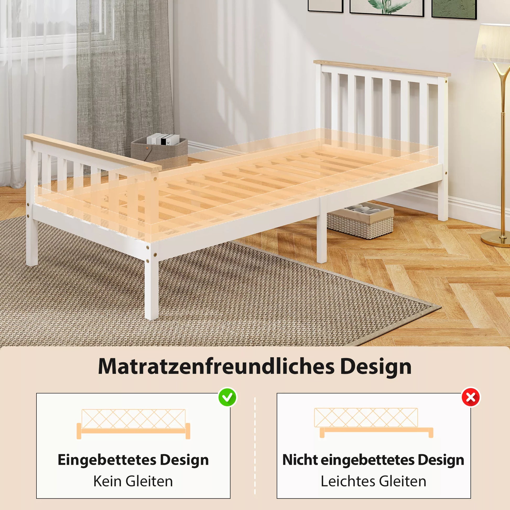 Viengulės lovos rėmas, medinis lovos rėmas, apatinė daiktų laikymo erdvė, natūralus medis, baltas