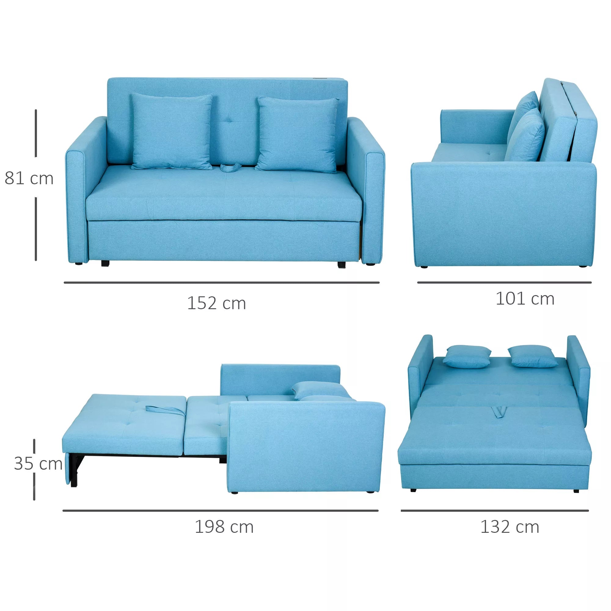 Sofa-lova, 2 vietų sofa, su paslėpta laikymo vieta, Poliesteris, Šviesiai mėlyna, 152 x 101 x 81cm