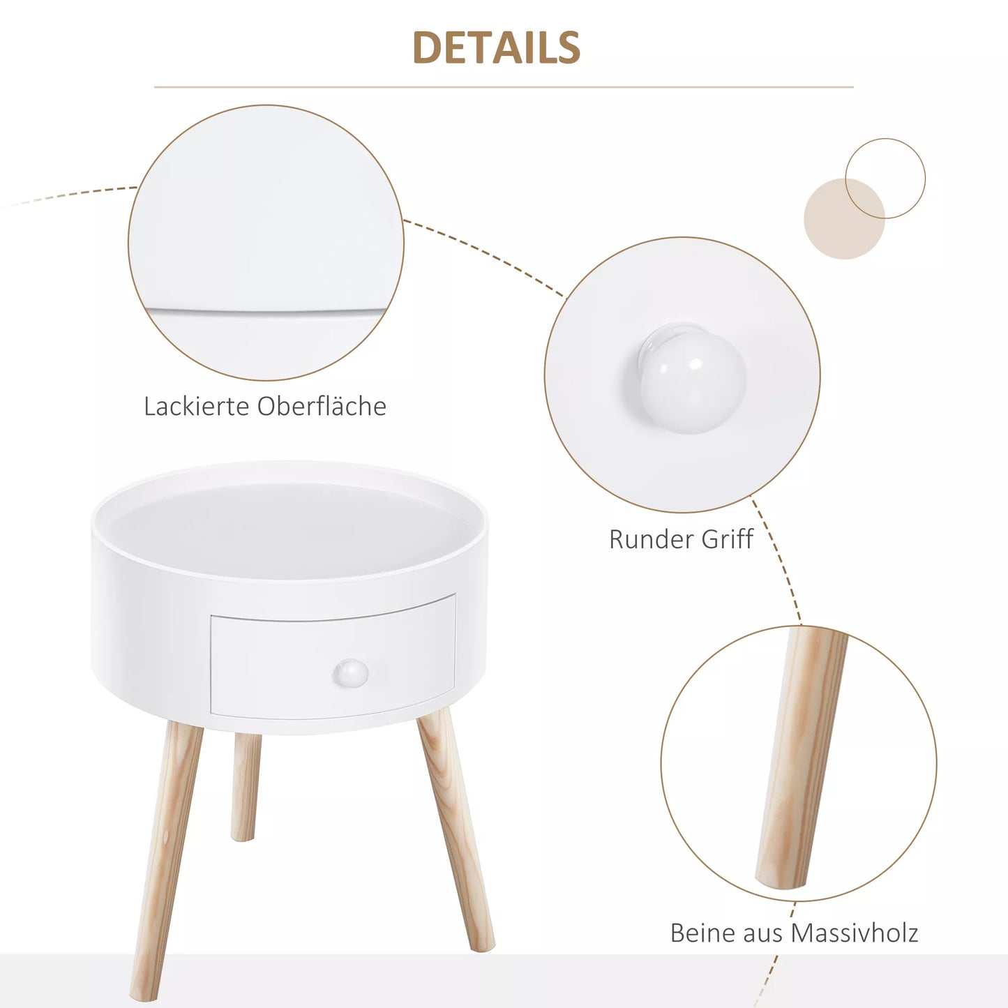 Apvalus kavos staliukas su stalčiumi, skandinaviško dizaino, su apsauginiu krašteliu, medinis, Ø38 x A45 cm, baltas