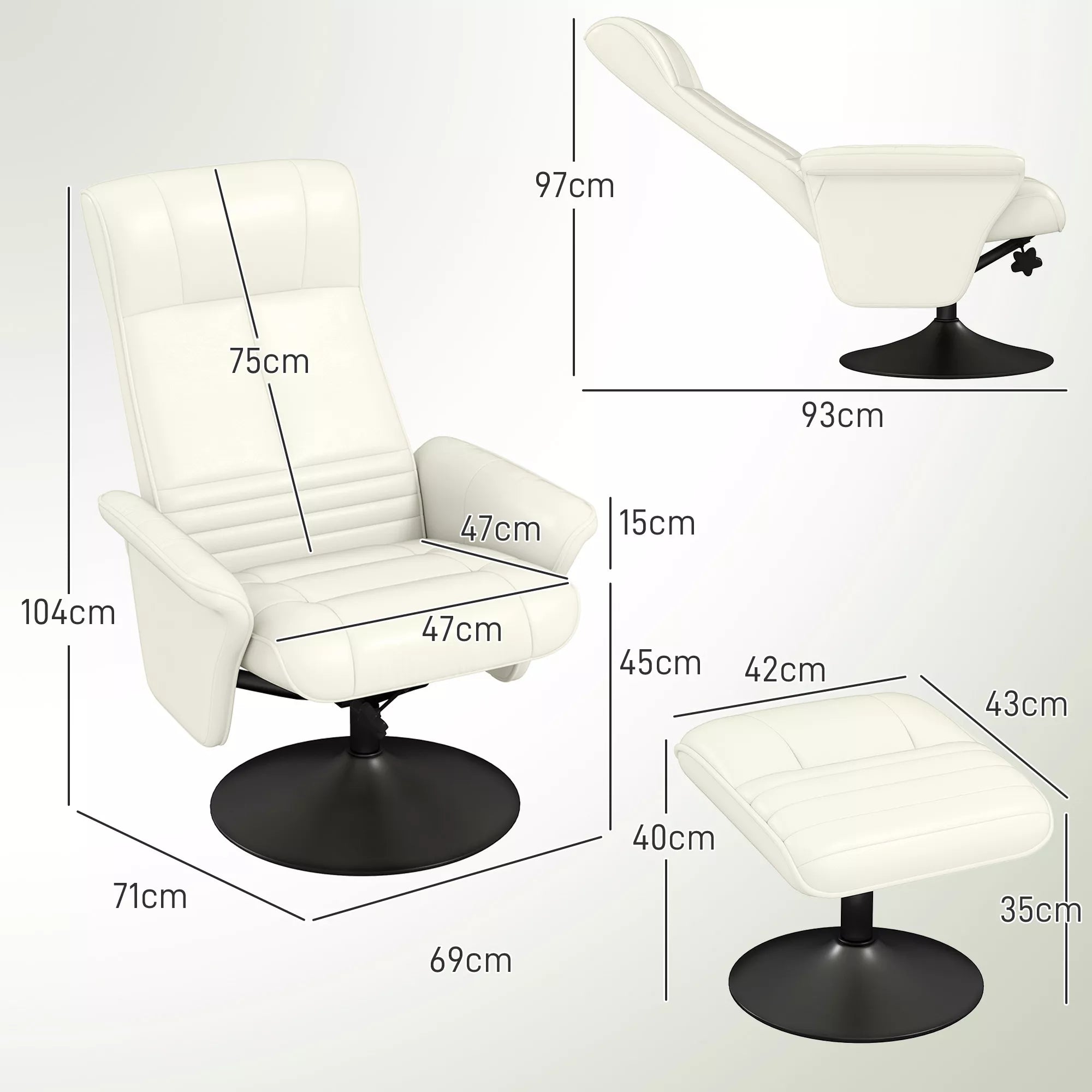 Sofa su atorama, televizijos kėdė su pakoja, besisukanti, ergonomiška, mikropluošto išvaizda, iki 150 kg, kreminės baltos spalvos