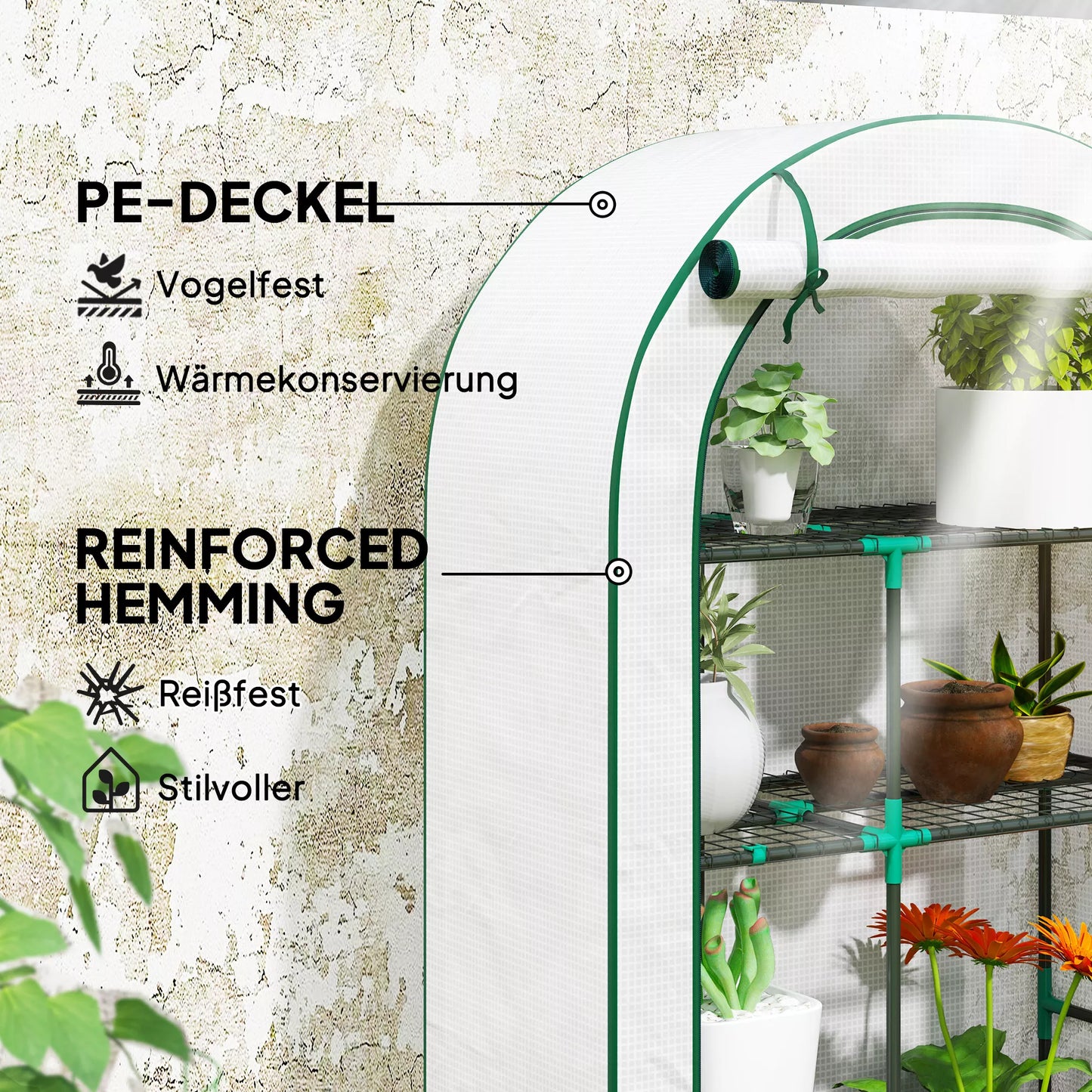 Mini šiltnamis, 4 pakopų šiltnamis su plastikine danga, nešiojamas, su atverčiamomis durimis, 100 x 45 x 160 cm, baltas