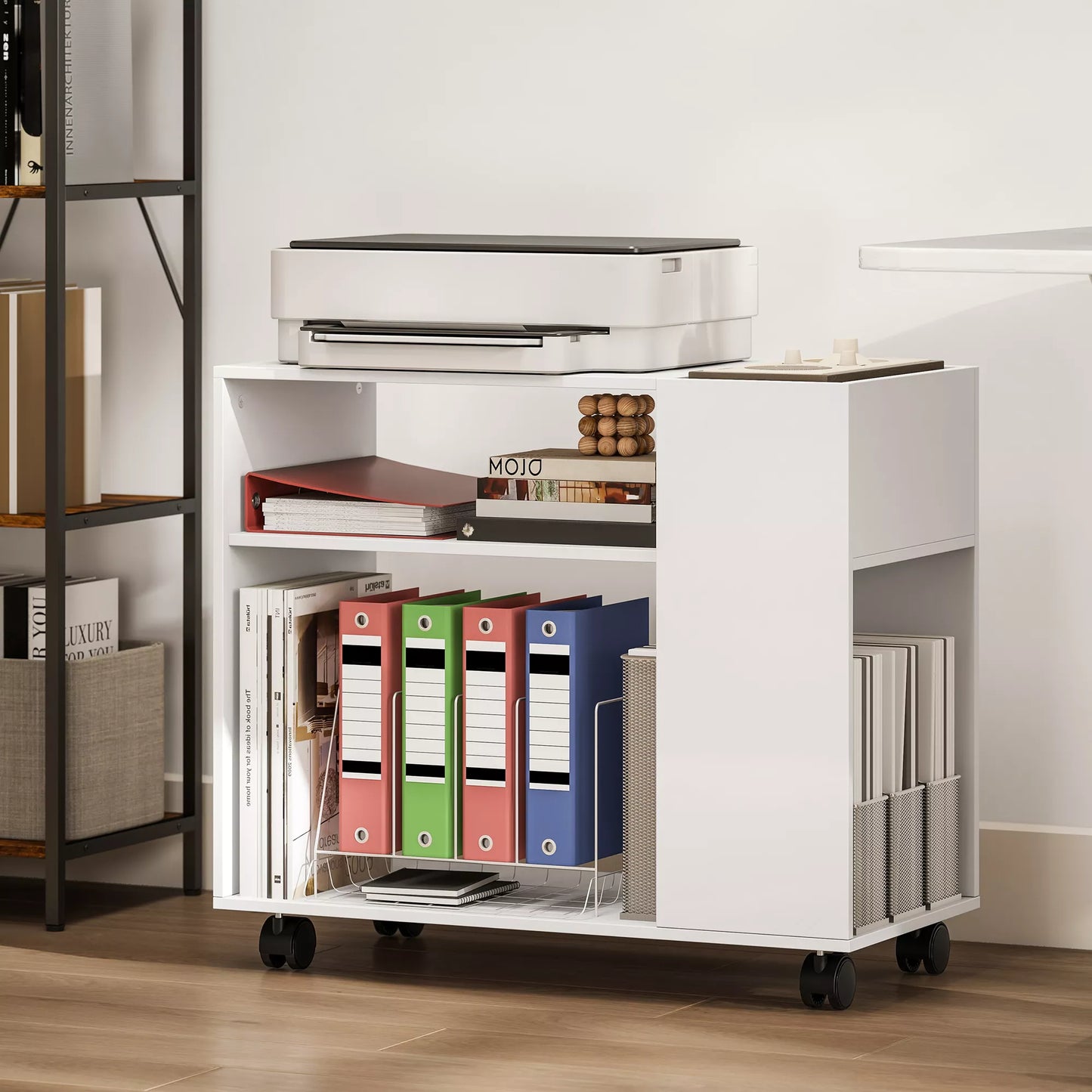 Stalas spauzdintuvui su skyriais, biuro lentyna su papildomomis vietomis daiktams laikyti, mdf ir metalas, 70x34x60 cm, balta