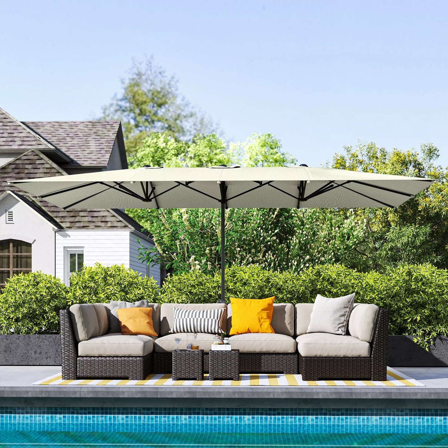 Dvipusis skėtis, 451 x 264 cm skėtis nuo saulės su kietimo sistema, 12 metalinių stipinų, aliuminio stiebas, kreminės baltos spalvos