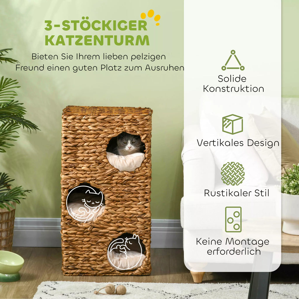 Kačių medis su draskykle, 3 aukštai, minkštos pagalvėlės, durelės, vandeninis hiacintas, šviesiai rudas