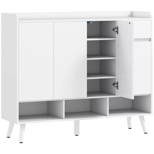 Batų spintelė su berėmiu dizainu, 4 durys, 4 reguliuojamos lentynos, laisvai stovinti batų spintelė su 5 medinėmis kojelėmis, mediena, balta