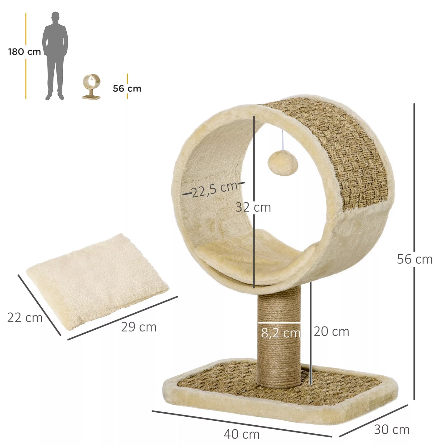 Mažas kačių draskomas medis vienai katei, žaidimų stulpas, laipiojimo medis, džiutas, chaki+šviesiai rudas, 40 x 30 x 56 cm