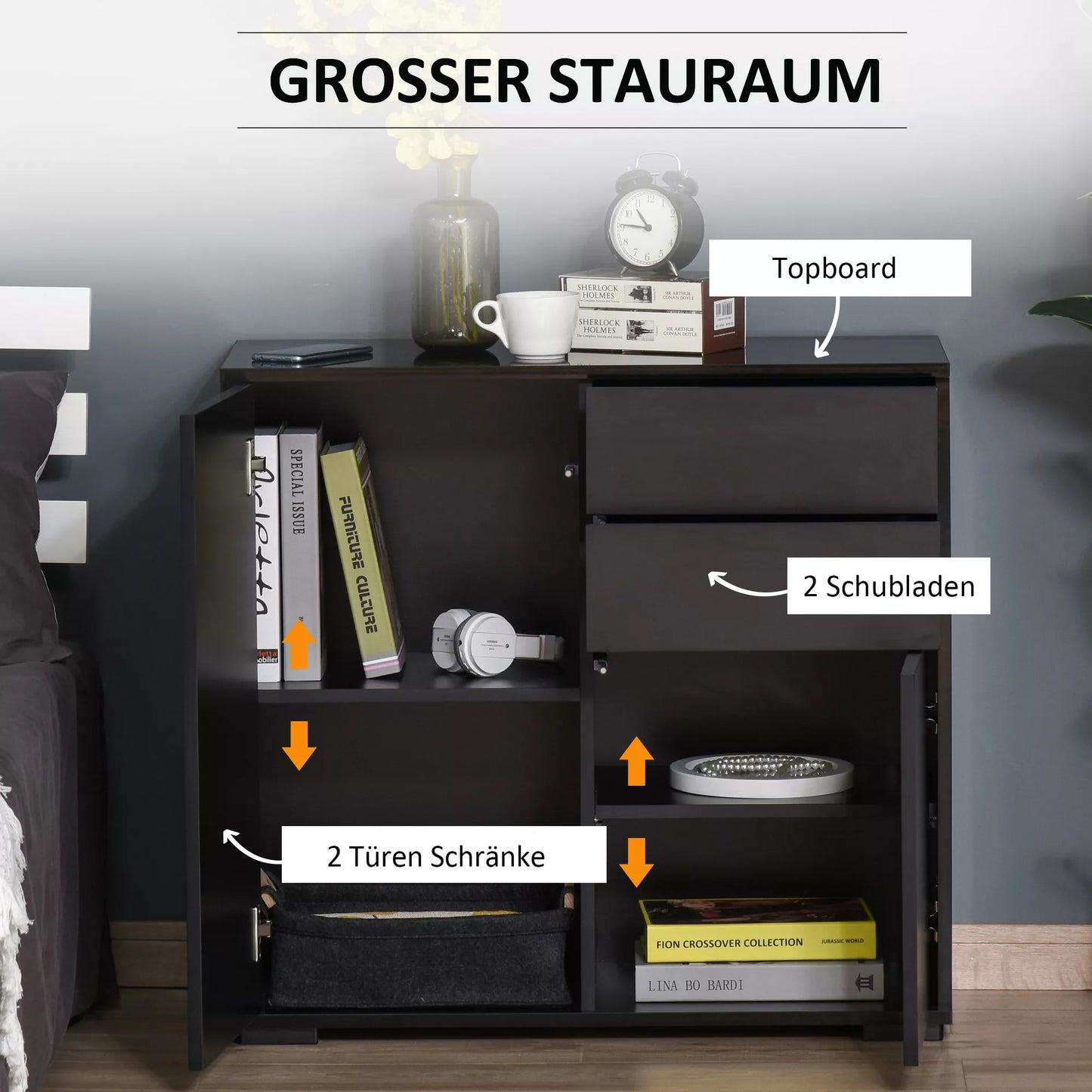 Saugojimo spinta su 2 stalčiais, 2 durimis, su apsauga nuo apvirtimo, skirta svetainei, miegamajam, 79 x 36 x 74 cm, juoda