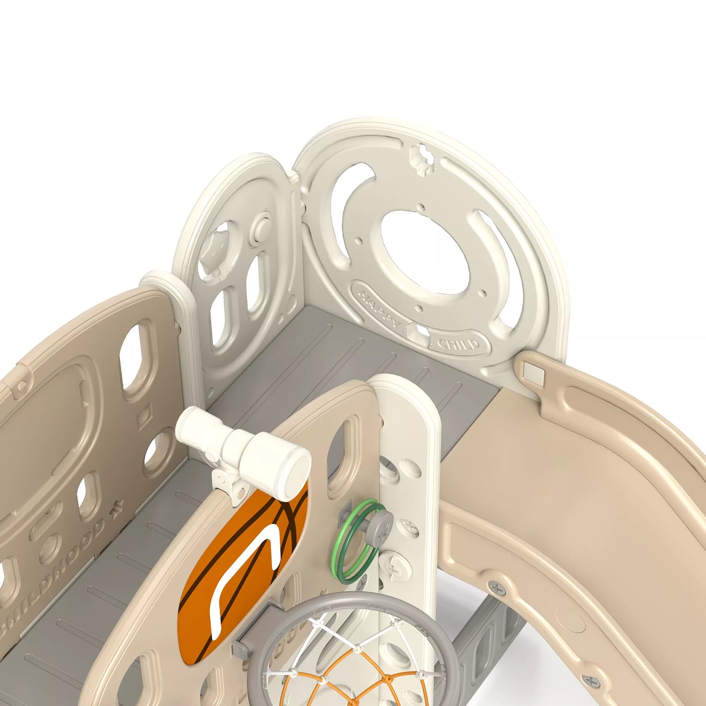 Vaikų žaidimų kompleksas, 7-in-1 čiuožykla, vidinė žaidimų aikštelė su daiktų saugykla ir ropojamuoju tuneliu, 186x153x111 cm, kreminės baltos spalvos