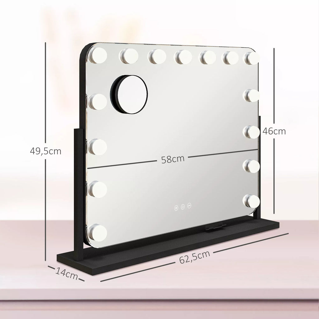 LED kosmetinis veidrodis, 3 apšvietimo režimai, reguliuojamas apšvietimas, jutiklinis valdymas, USB, 62,5 x 49,5 cm, juodas