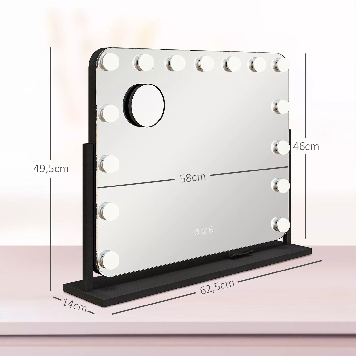 HOMCOM LED kosmetinis veidrodis, 3 apšvietimo režimai, pritemdomas, su lietimui jautriu valdymu, USB, 62,5x49,5cm, juodas