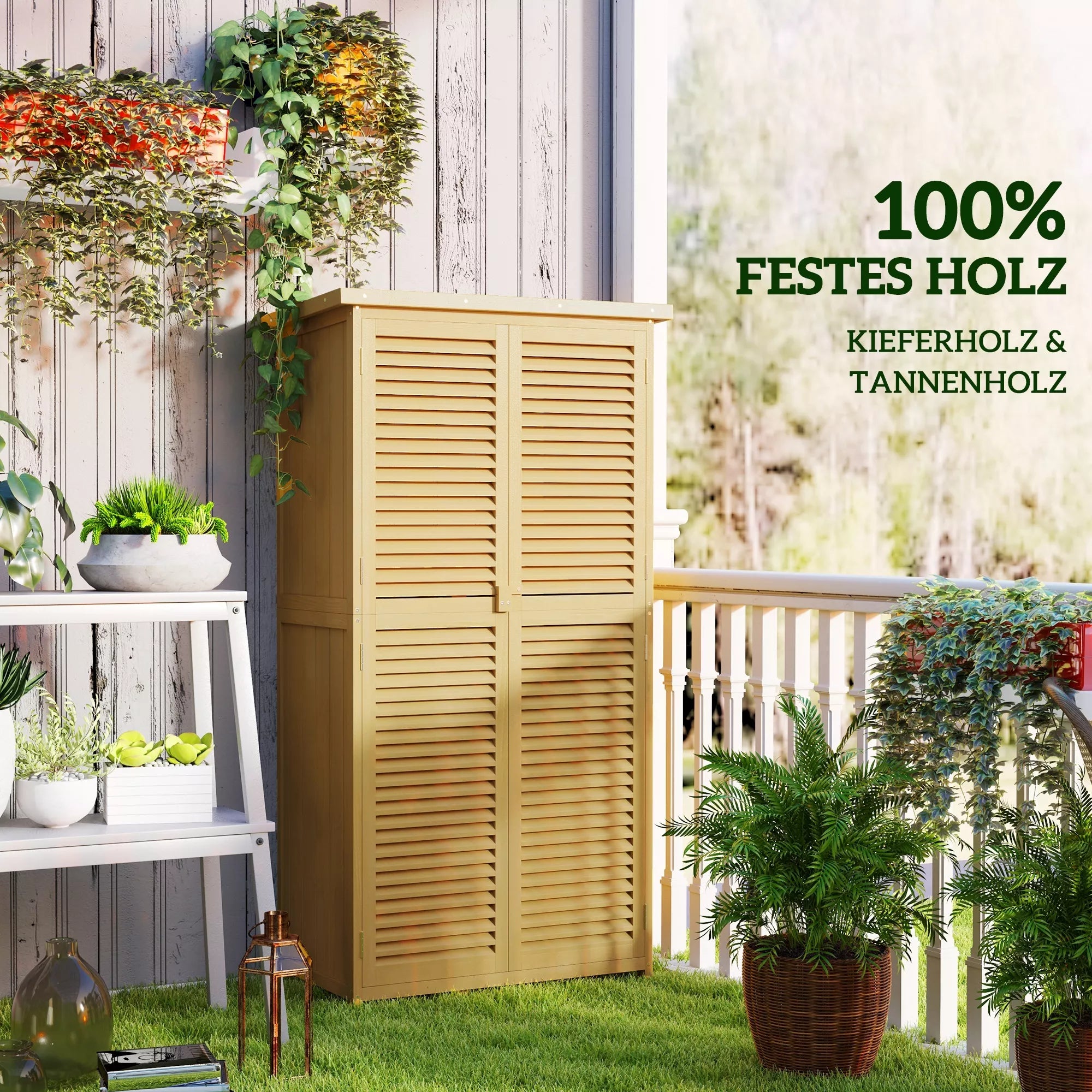 Sodo komoda, atspari atmosferos poveikiui, 2 durys su spyna, pušies mediena, 87L x 46,5B x 160H cm, šviesiai geltona