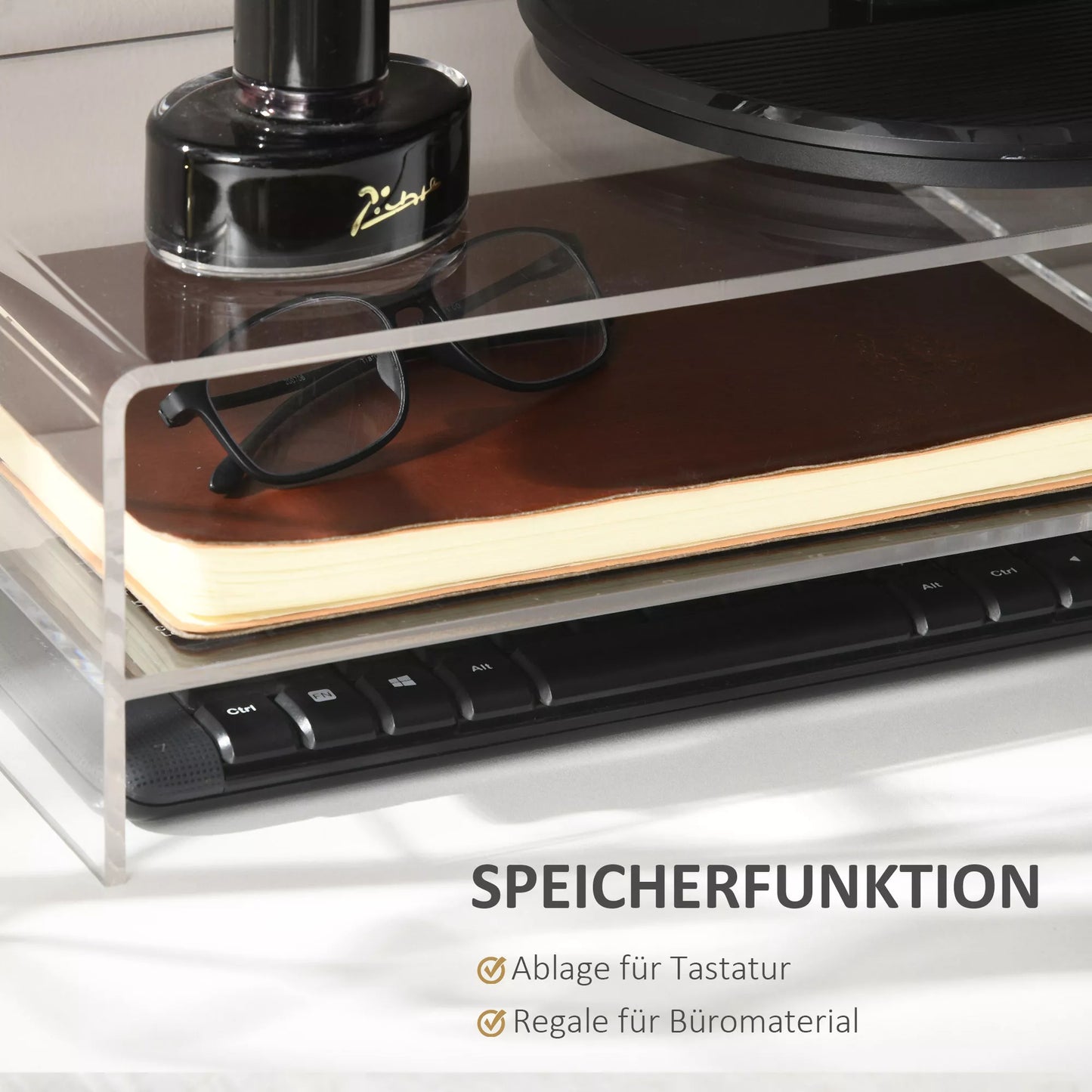 Skaidrus monitoriaus stovas su klaviatūros dėklu, 2 pakopų, akrilinis, tinka monitoriams iki 24 colių, matmenys 50,8 x 19 x 12 cm