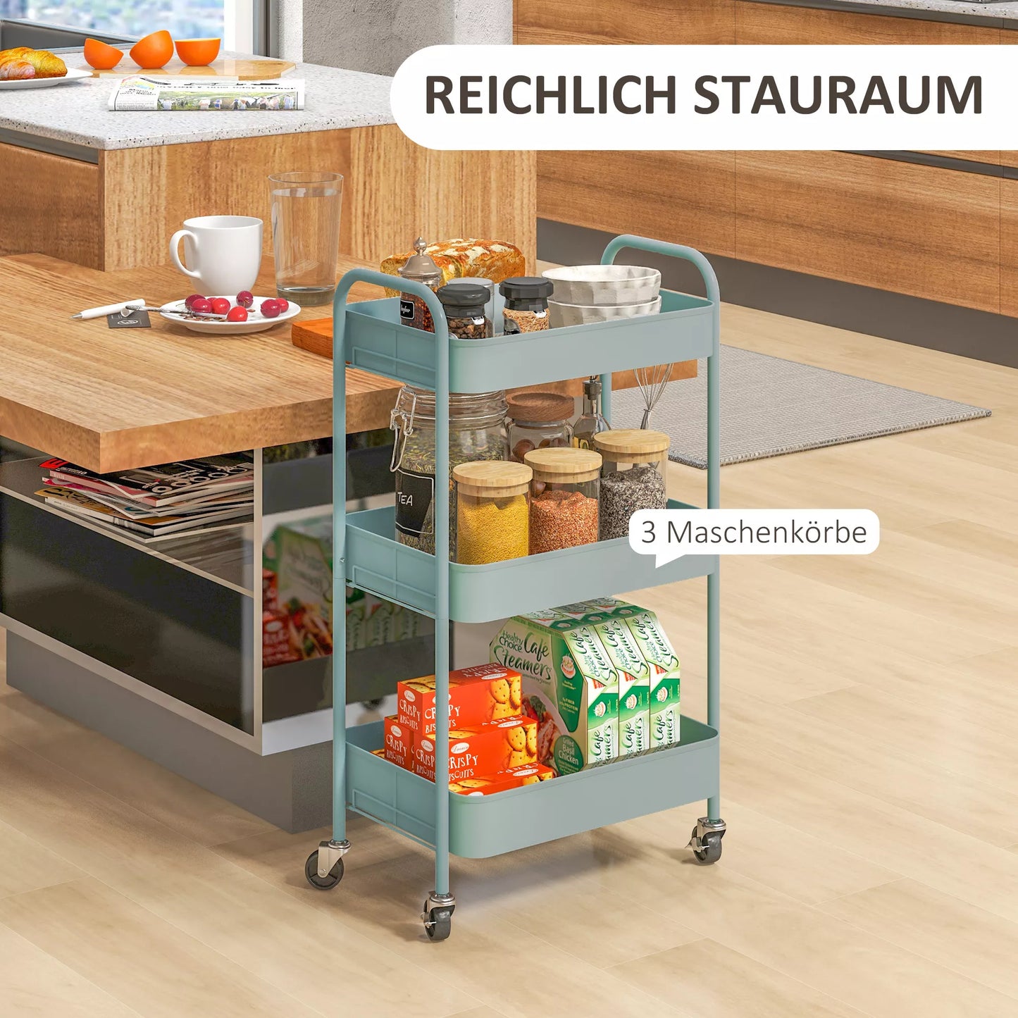 Daugiafunkcis vežimėlis virtuvei, 3 lentynos, 4 ratukai, 45 cm x 30,6 cm x 79 cm, šviesiai mėlynas