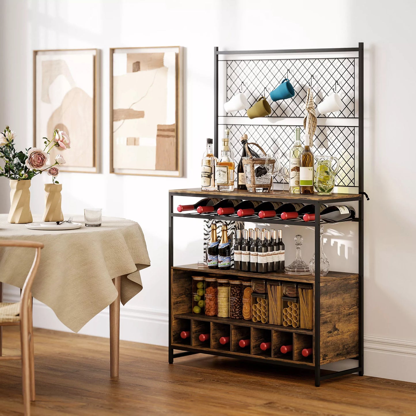 Virtuvės lentyna su darbo paviršiumi, metalinės grotelių plokštės, 5 kabliukai, virtuvės spintelė prieskoniams, puodams, keptuvėms, ruda