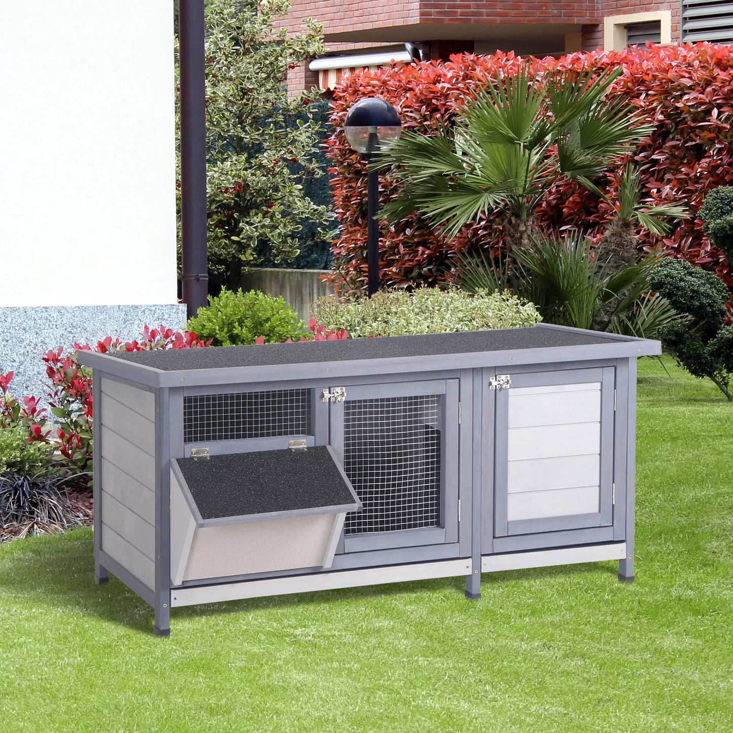 Truputis žiemos atsparus medinis triušių narvas 112x50x54 cm Triušių narvas su bituminiu stogu, 2 durimis, metaliniu tinkleliu, triušių narvas triušiams, jūrų kiaulytėms Lauko Pilka+Juoda