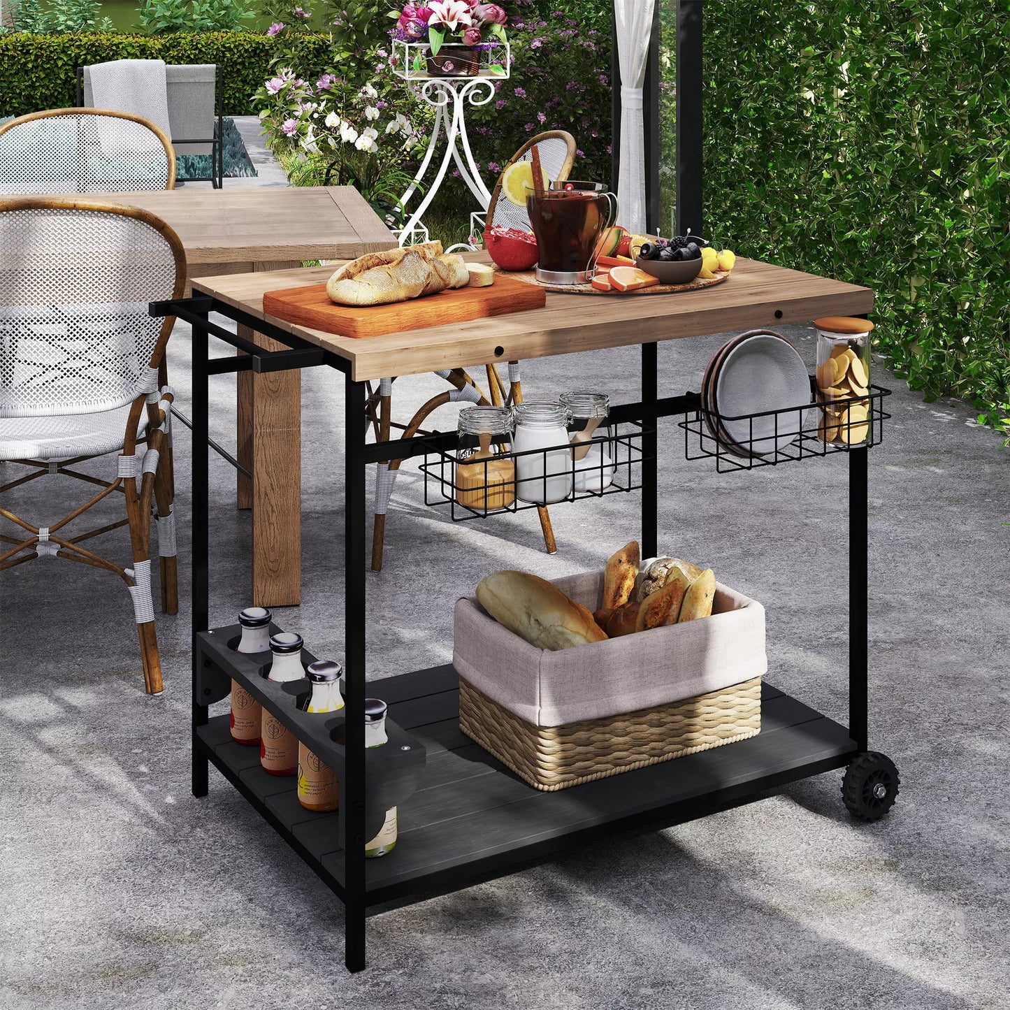 Patiekimo vežimėlis, virtuvės vežimėlis, 2 aukštai, 4 butelių laikikliai, vidaus/lauko, natūralus/juodas