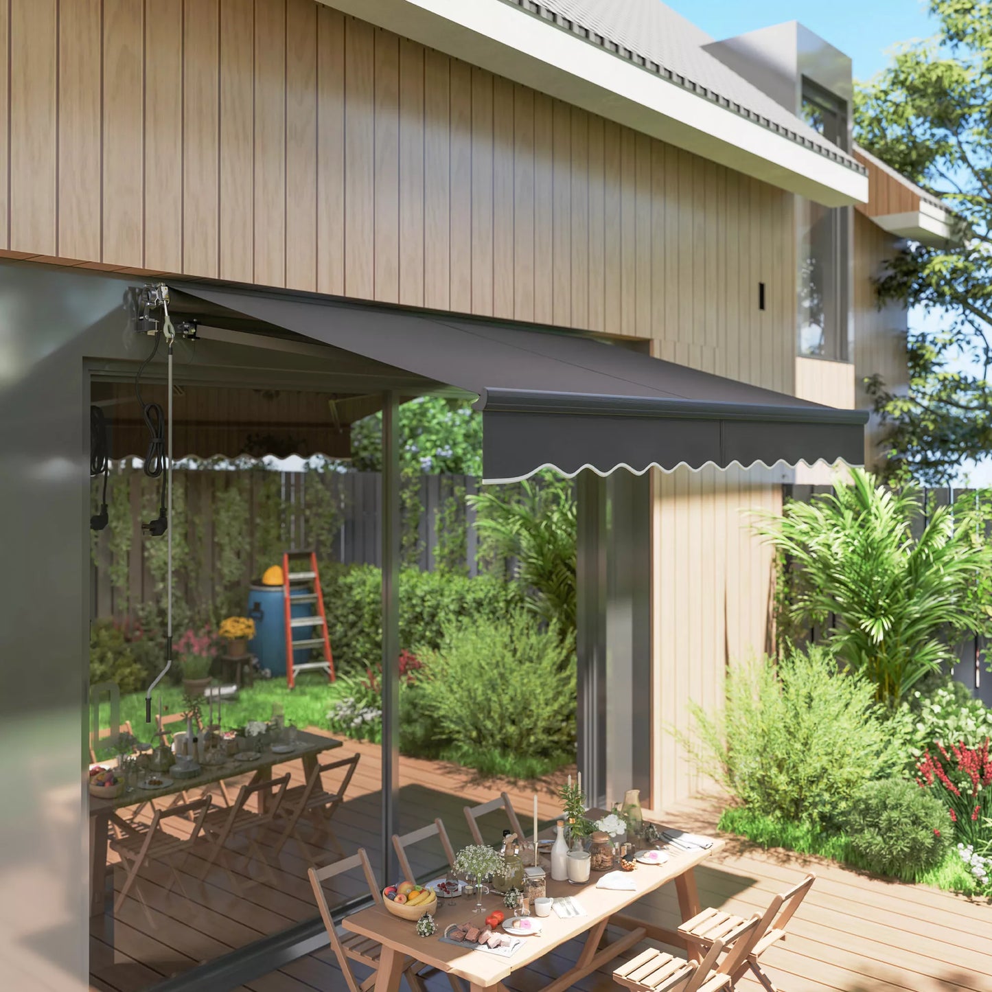 Įtempiama markizė su rankena, elektriniu aukščio reguliavimu, alkūninė markizė, 300 cm pločio, tamsiai pilka