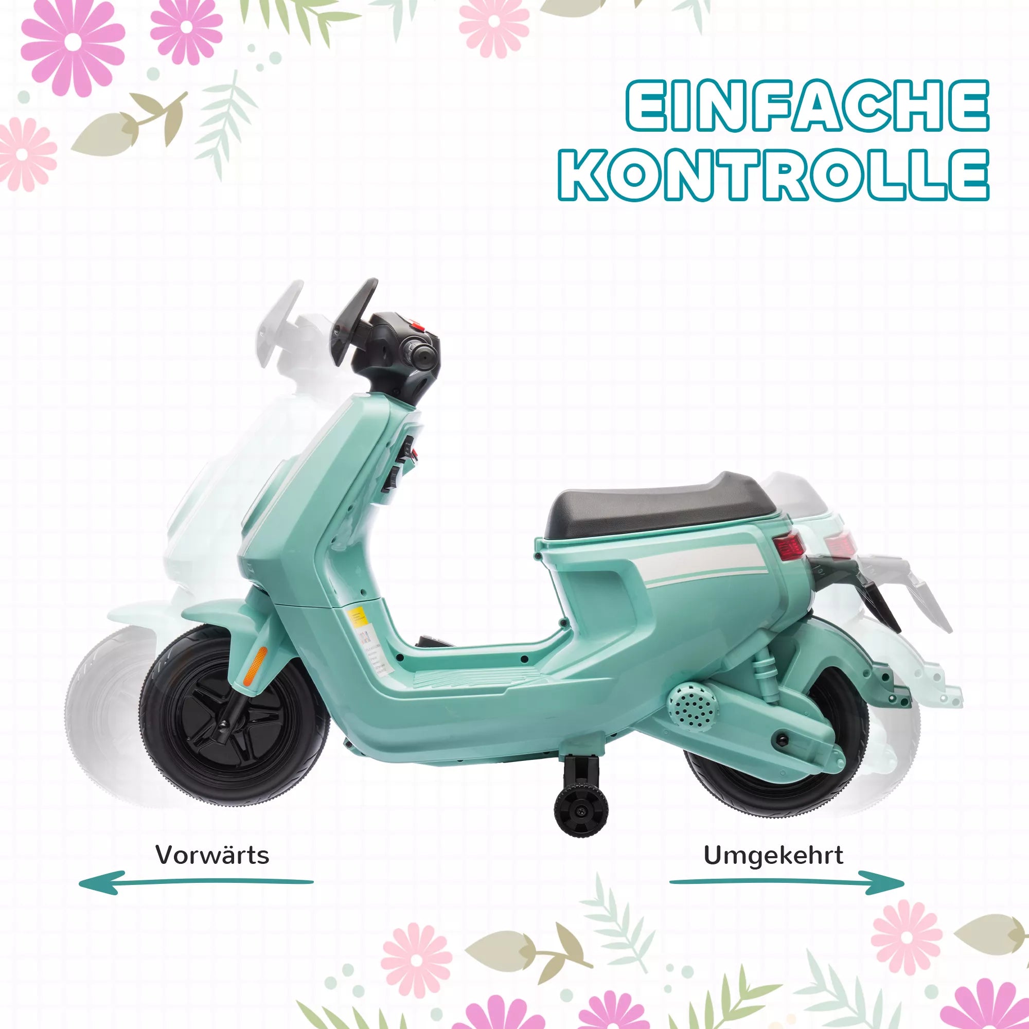 6 V elektrinis motociklas vaikams, su žibintais ir muzika, priekinė ir atbulinė eiga, pagalbiniai ratai, 18–36 mėnesių, žalias