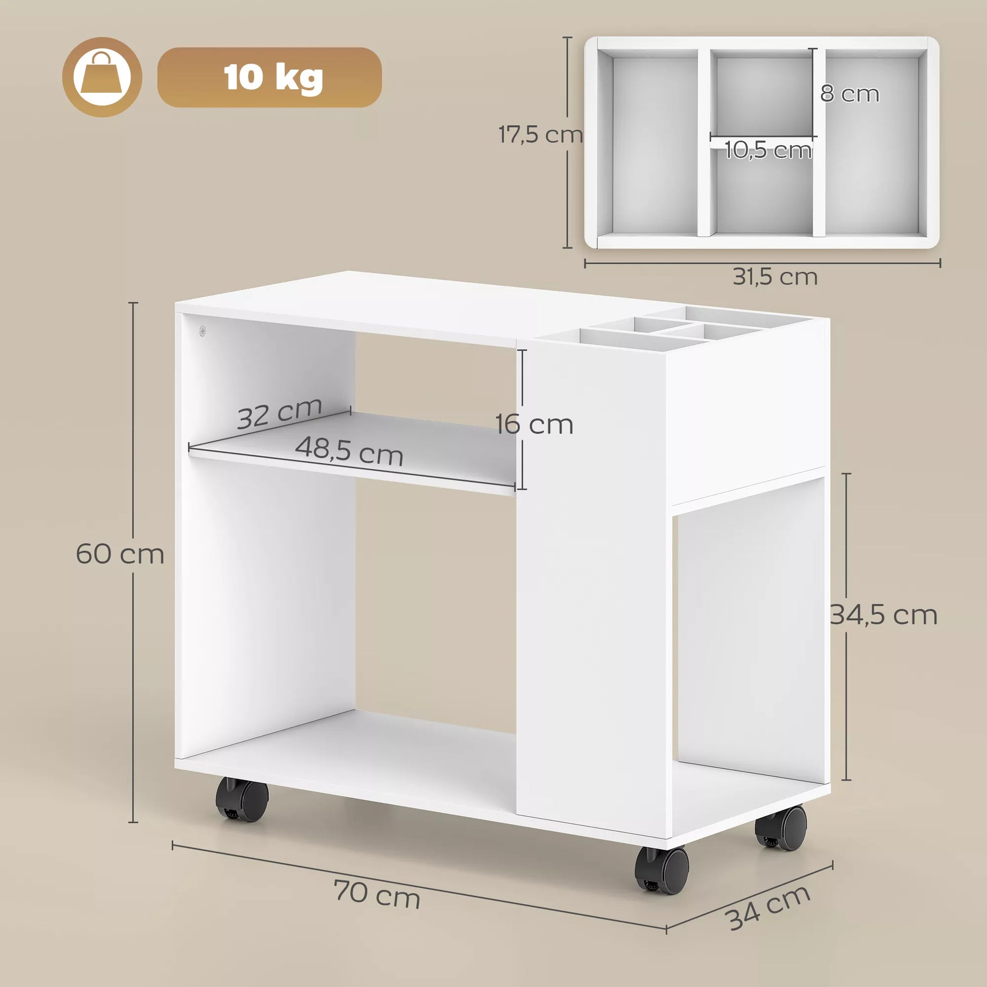 Stalas spauzdintuvui su skyriais, biuro lentyna su papildomomis vietomis daiktams laikyti, mdf ir metalas, 70x34x60 cm, balta