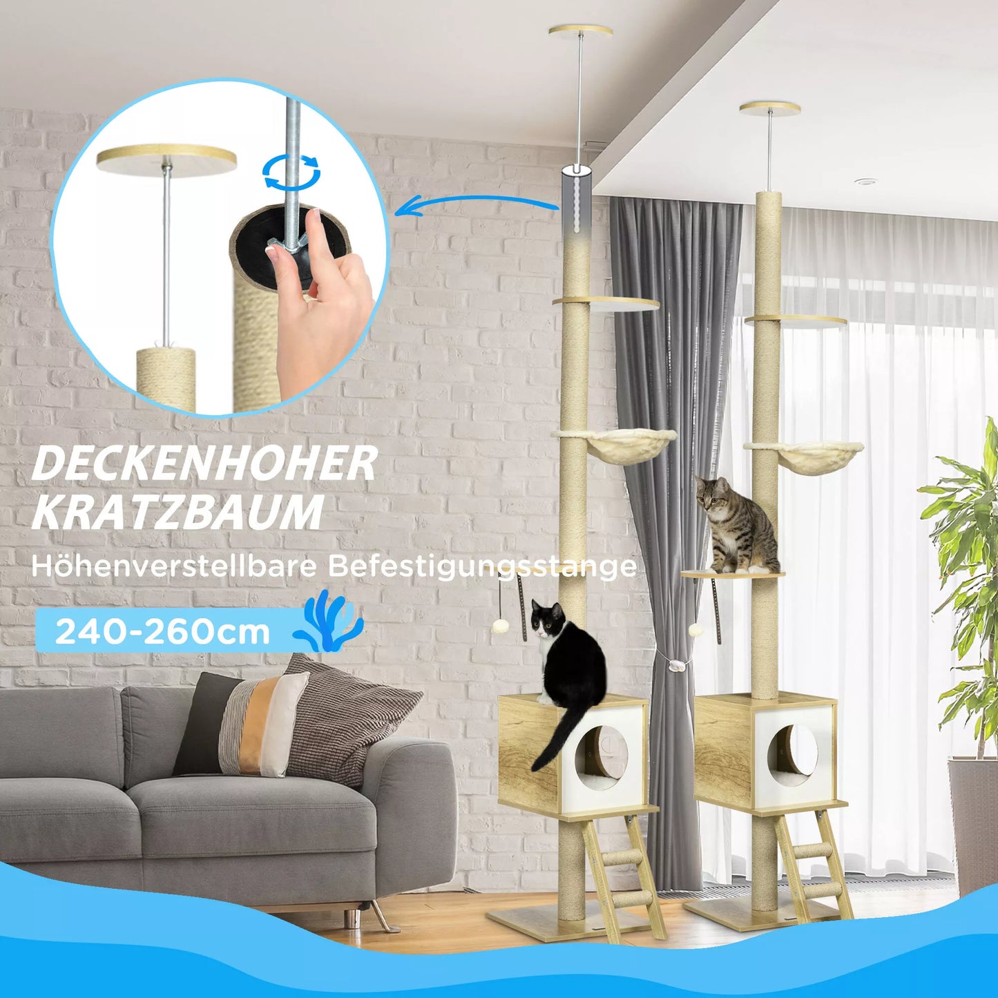 Kačių draskyklė iki lubų, su kačių nameliu, dviem platformomis, hamaku, apsauga nuo apvirtimo, šviesiai rudos ir smėlio spalvos, 40 x 40 x 260 cm