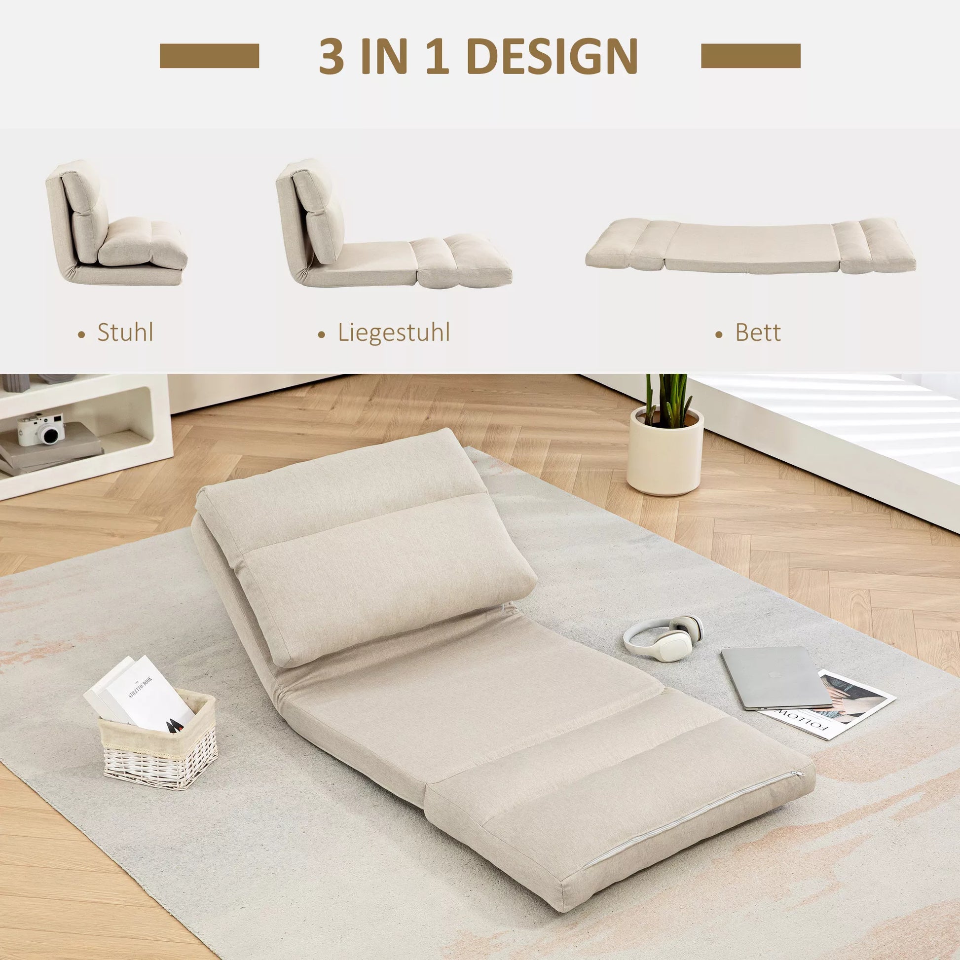 Sėdmaišis su miegojimo funkcija, reguliuojamu atlošu, sulankstomas, iki 120kg, 70 x 72 x 56 cm, smėlio spalvos