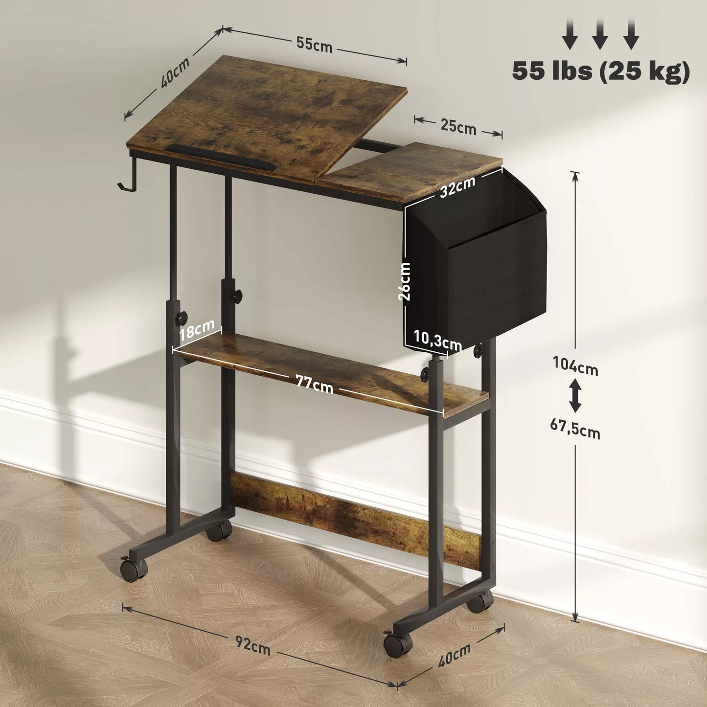 Reguliuojamo aukščio stovimas rašomasis stalas su pakreipiama stalviršiu, ratukais, laikymo lentyna, skirtas rašyti, skaityti, piešti, rudas
