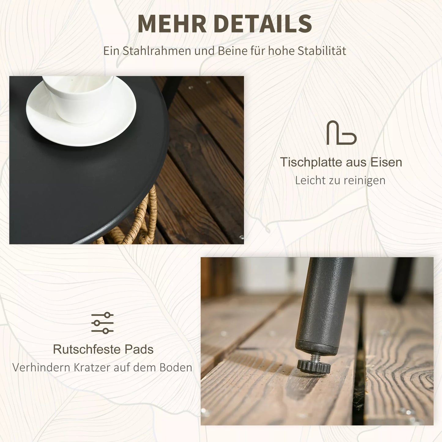 3 dalių bistro komplektas, atsparus oro sąlygoms, 1 staliukas, 2 kėdės, 62 cm x 65 cm x 78 cm, smėlio+tamsiai pilka