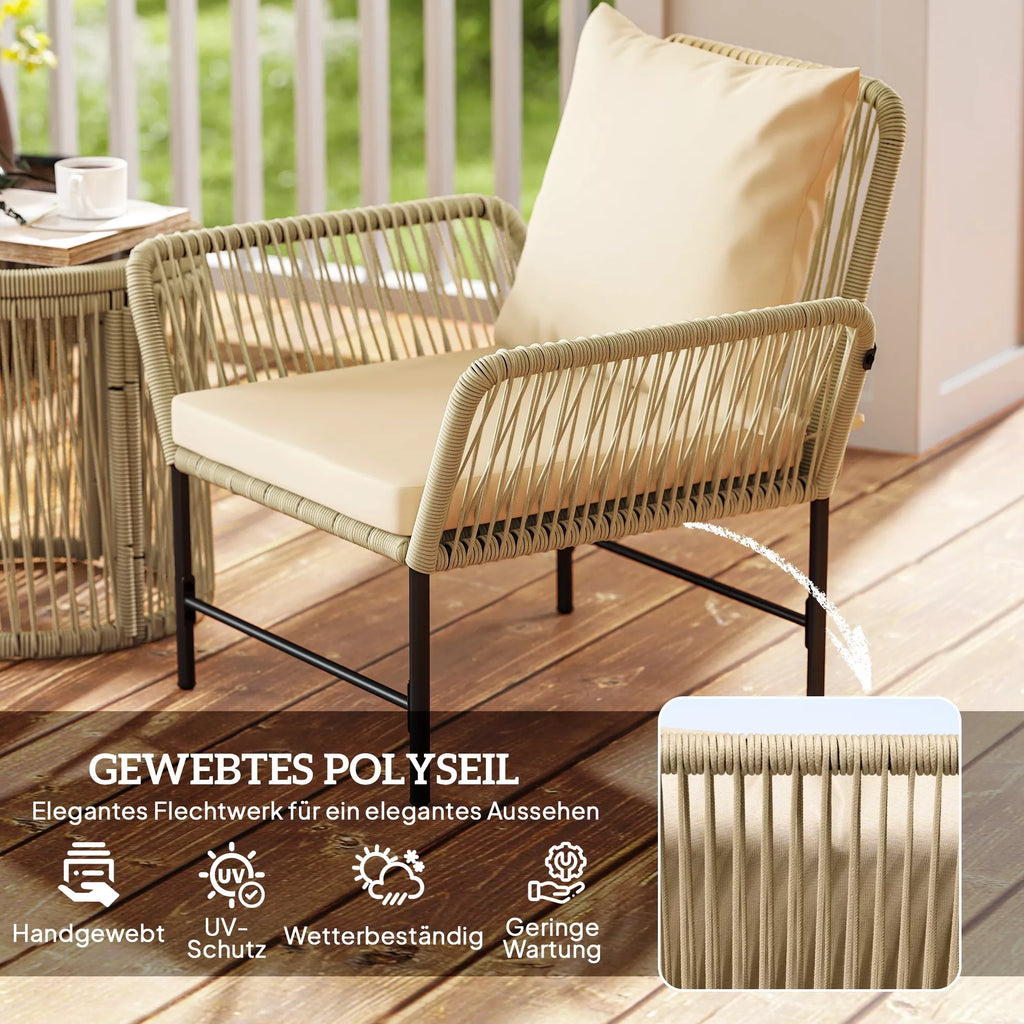 Polyrattan sodo baldų komplektas, lauko balkono baldai 2 asmenims, 3 dalys su 2 kėdėmis, pagalbinis stalas, sėdimoji pagalvėlė