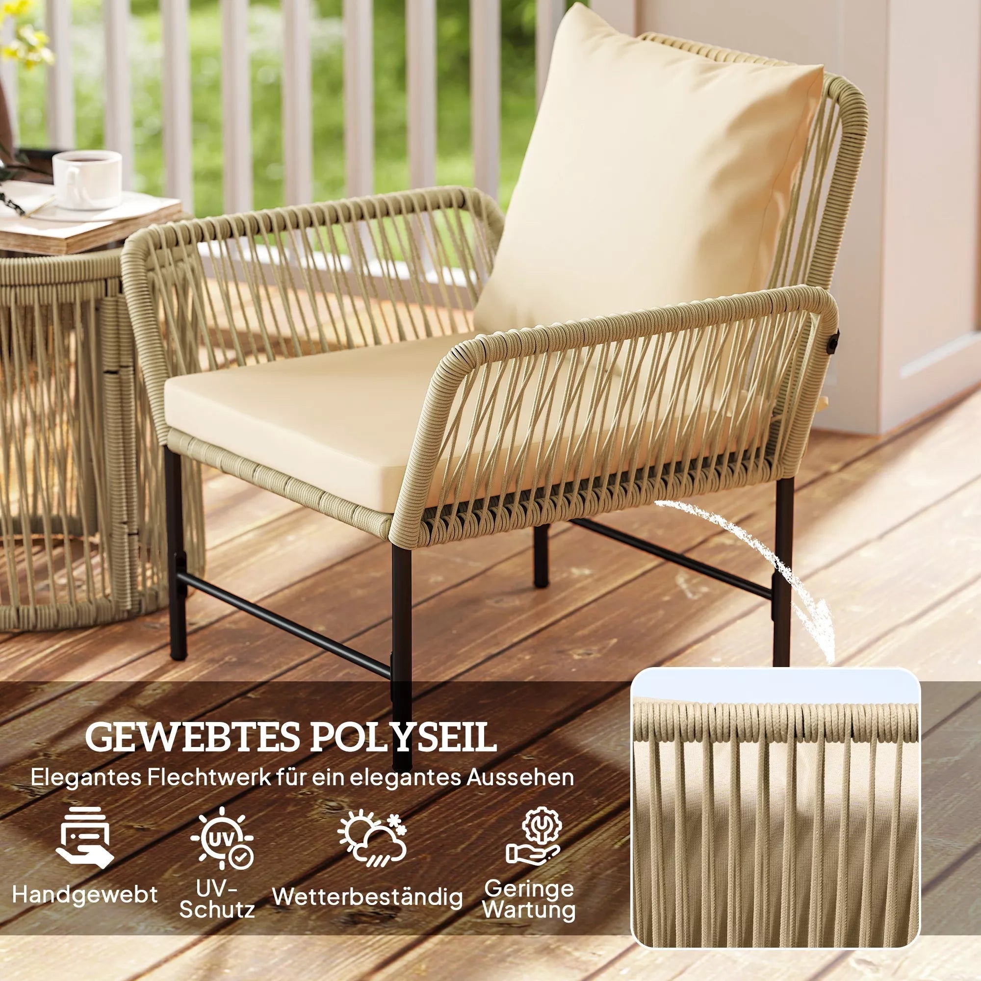 Polyrattan sodo baldų komplektas, lauko balkono baldai 2 asmenims, 3 dalys su 2 kėdėmis, pagalbinis stalas, sėdimoji pagalvėlė
