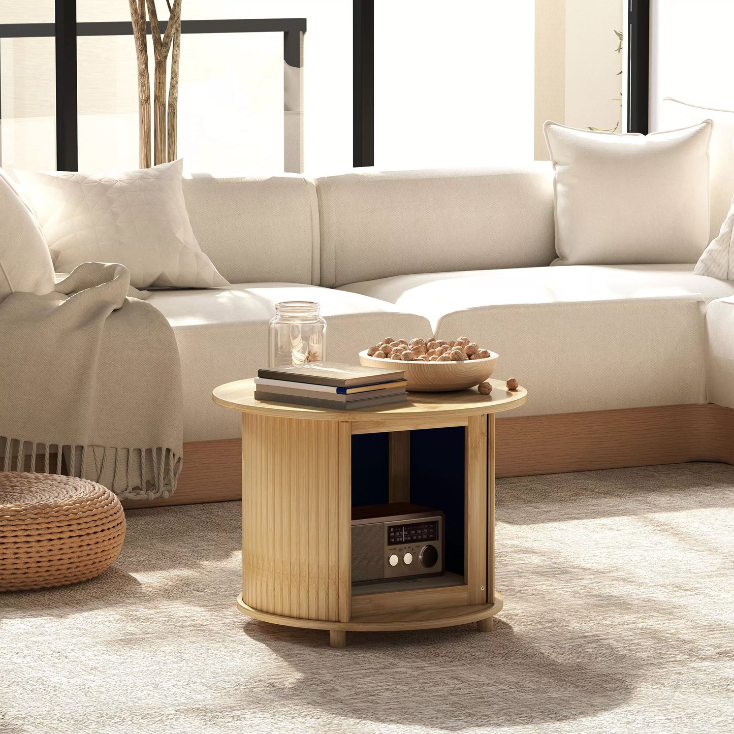 Apvalus pagalbinis staliukas su daiktadėže, stumdomosios durys, bambukas, Ø60 x 45 cm, atlaiko iki 20 kg