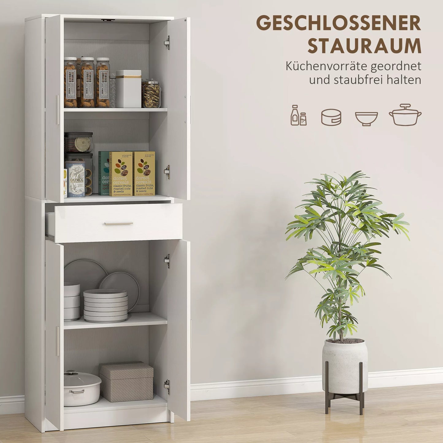 Virtuvinė spintelė, 3 pakopų reguliuojamos lentynos, medžio drožlių plokštės, MDF, daug vietos daiktams laikyti, balta