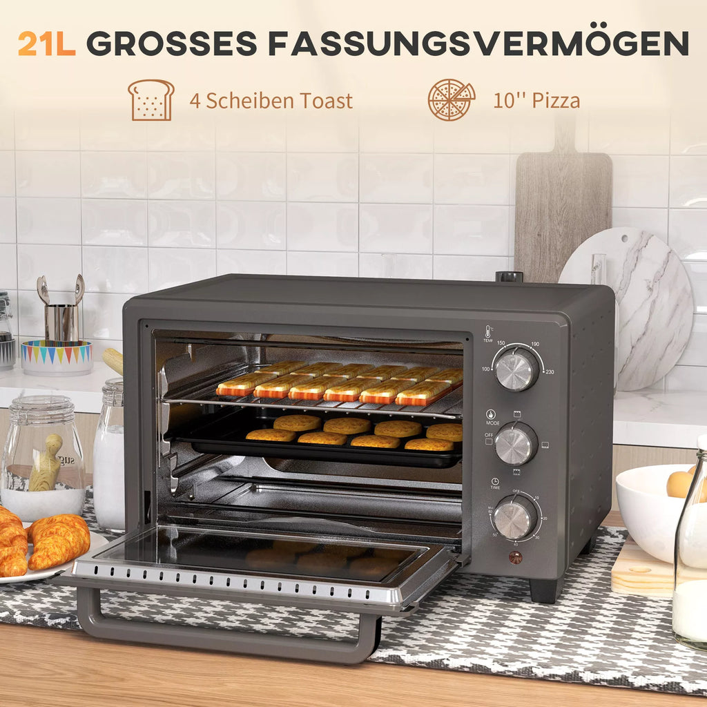 Mini orkaitė, 21 l Tosteris su 1 vieliniu grotelių rėmu ir 1 kepimo skarda, 3 kepimo režimai, 100 °C–230 °C, nerūdijantis plienas, stiklas, pilka spalva