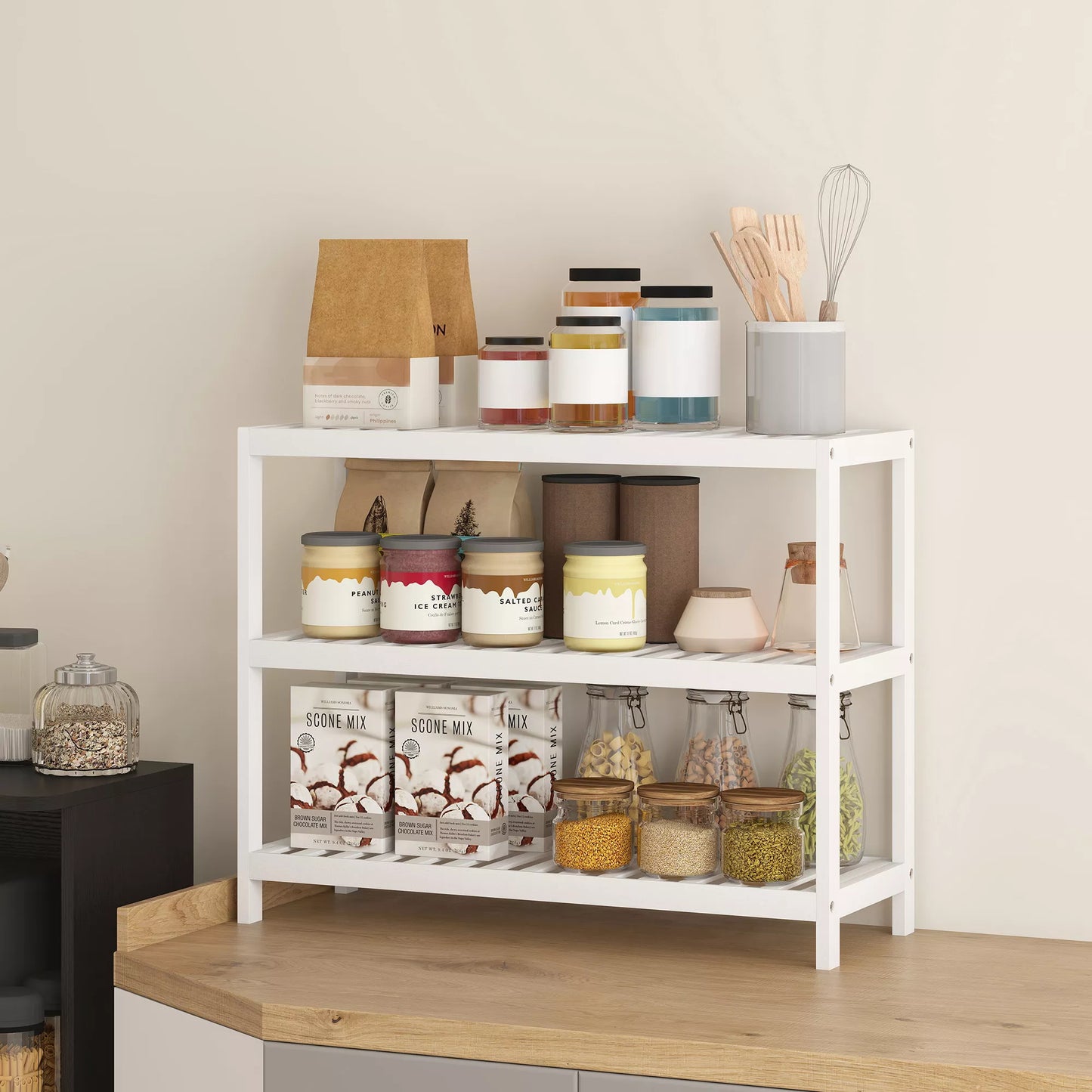 3 pakopų bambuko lentynos, batų lentynos, laikymo lentynos, lakuotas paviršius, baltos spalvos