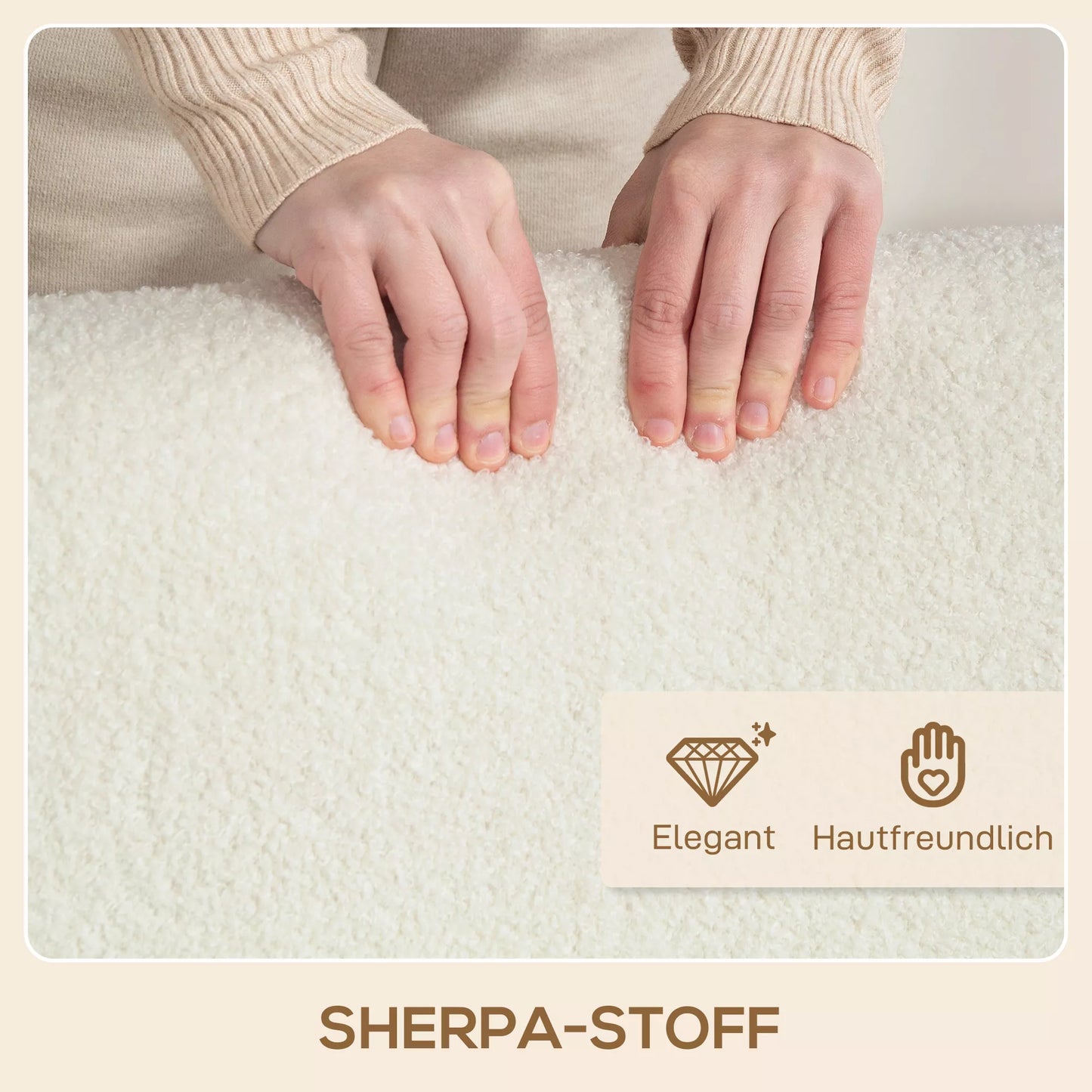 Fotelis su atlošu ir porankiais, minkštas poilsio fotelis su šerpa tipo apdaila, medinės kojelės, tinkamas miegamajam, svetainei, iki 120 kg, kreminės baltos spalvos