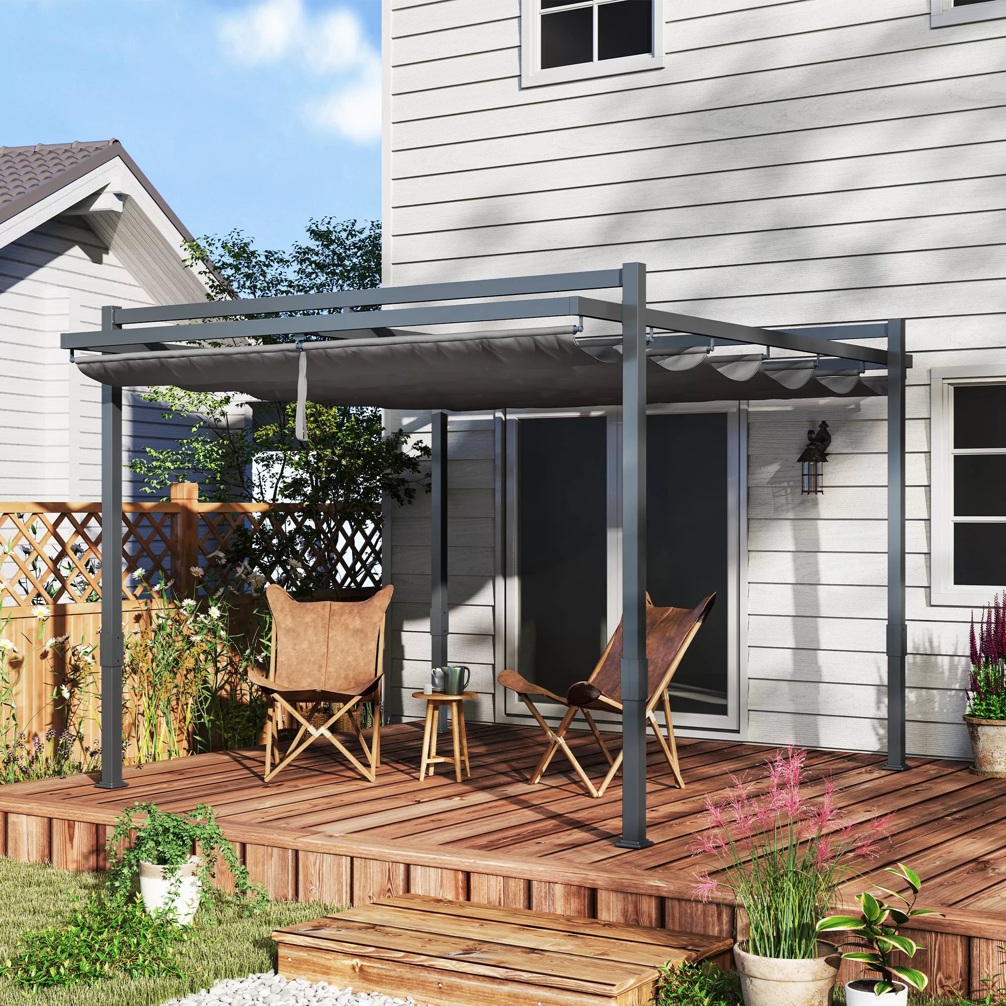 Pergola paviljonas, apie 3,5 x 3 m, aliuminis, stabilus, atsparus žiemos sąlygoms, saulės apsauga su reguliuojamu stumdomu stogu, pilkos spalvos