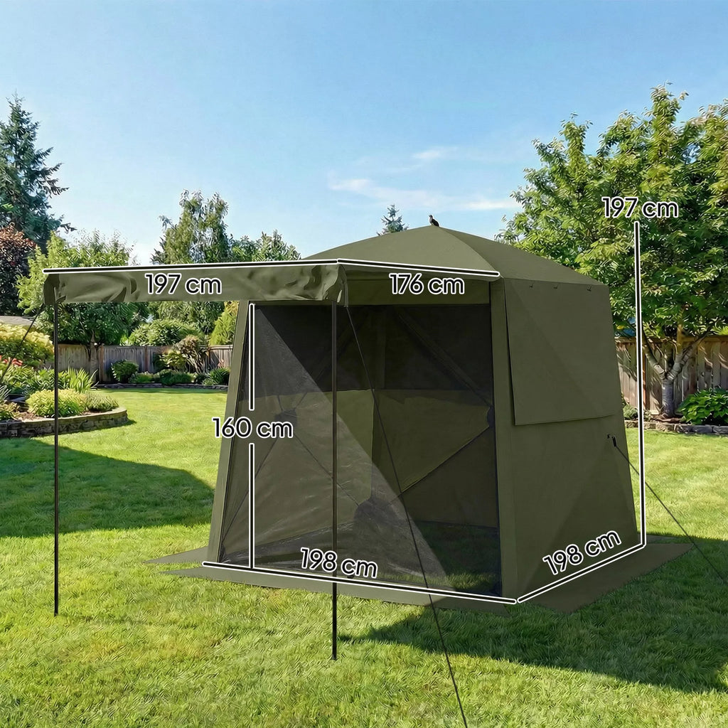 2x2 m paviljonas, atsparus vandeniui, tvirtas, atsparus žiemai, išskleidžiamas sulankstomas paviljonas su 4 šoniniais elementais, tinkliniais langais, priekinėmis durimis, UV 30+