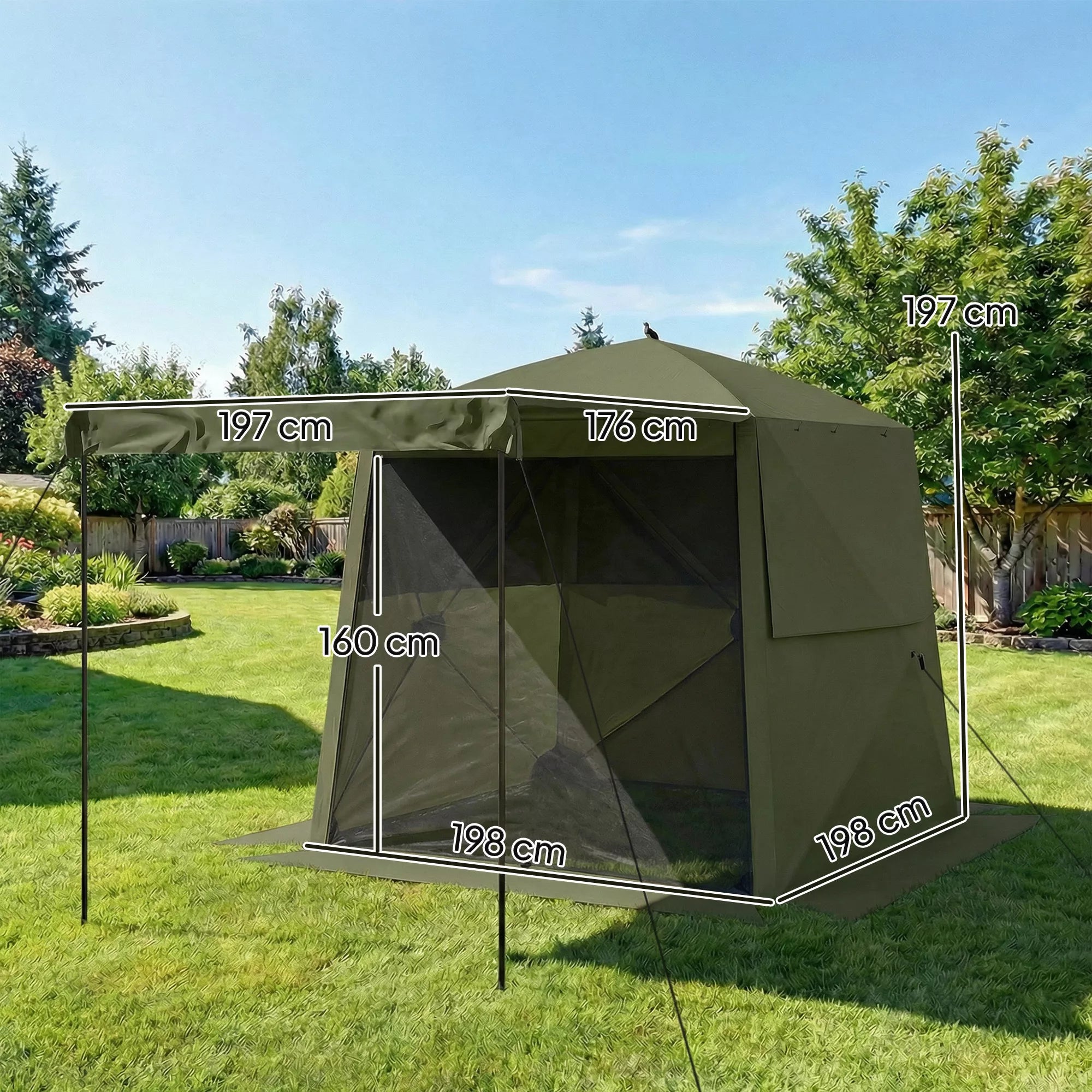 2x2 m paviljonas, atsparus vandeniui, tvirtas, atsparus žiemai, išskleidžiamas sulankstomas paviljonas su 4 šoniniais elementais, tinkliniais langais, priekinėmis durimis, UV 30+