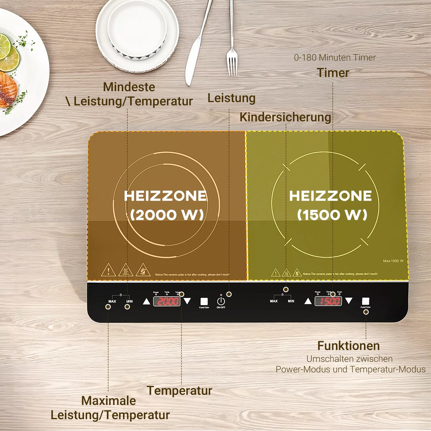 Nešiojama indukcinė kaitlentė, 10 lygių temperatūros reguliavimas, lietimatinis skydelis, juoda