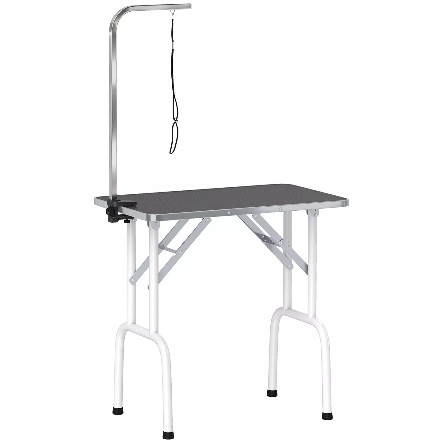 Šunų kirpimo stalas su kilpa, sulankstomas, plieninės kojelės, neslystanti plokštė, 81x48,5x80 cm, juodas