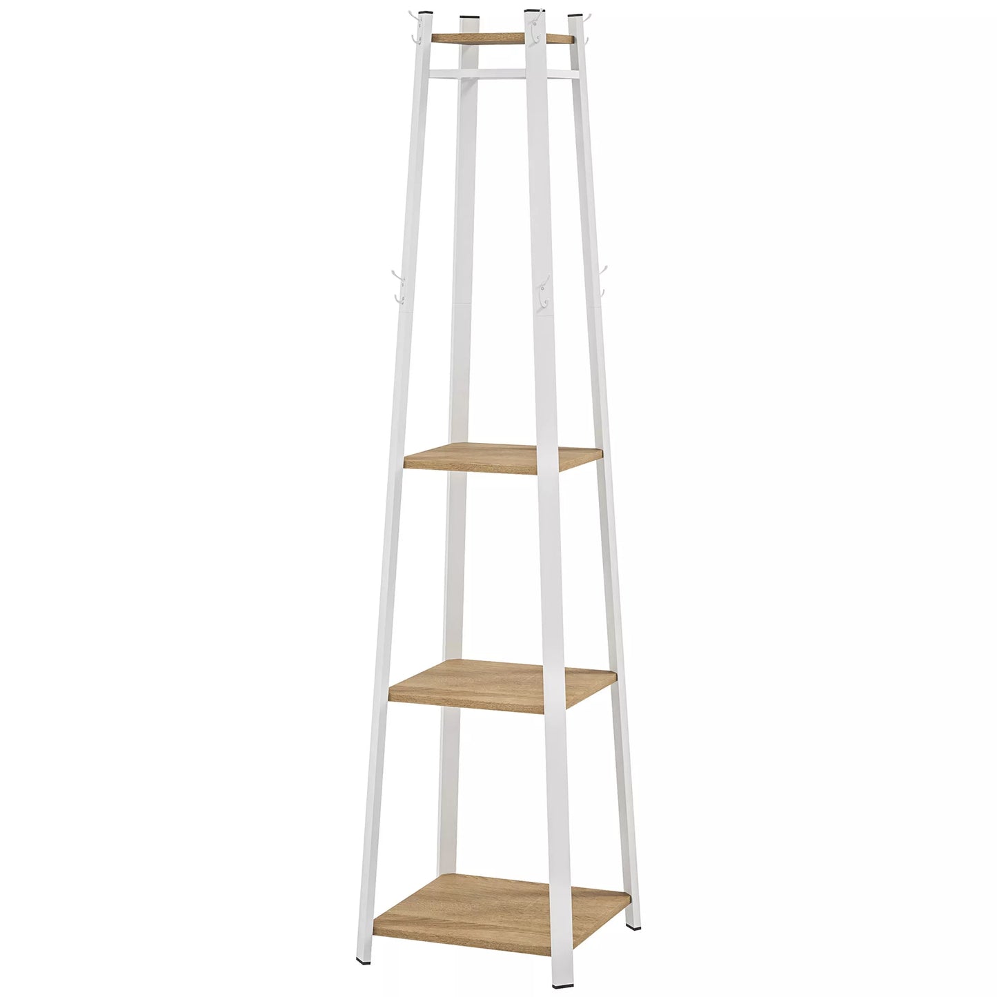 Drabužių kabykla, trapecijos dizainas, trijų pakopų, 8 dvigubi kabliukai, plienas, balta + ąžuolas