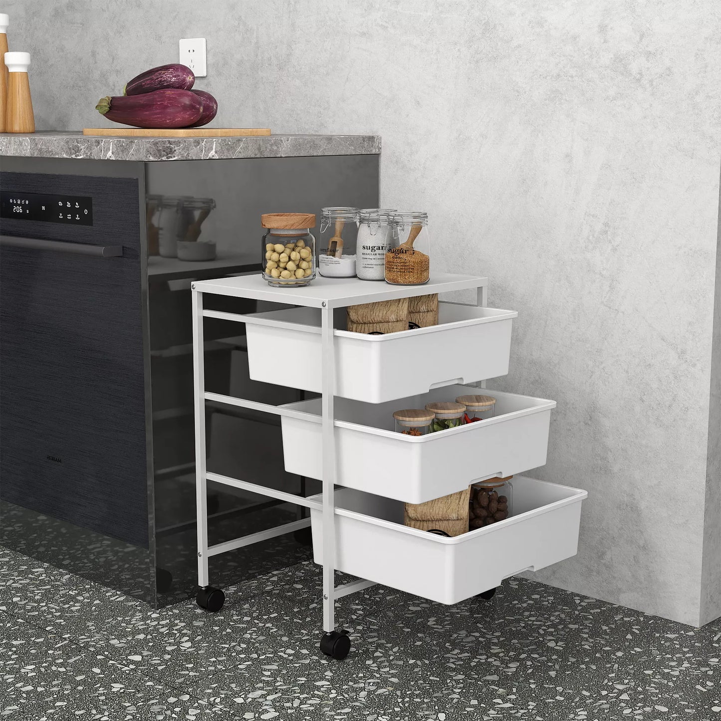HOMCOM Vežimėlis ant ratukų, 3 krepšeliai transportavimui ir laikymui, virtuvinis vežimėlis, 40,8I x 33,5P x 60,5A cm, baltas