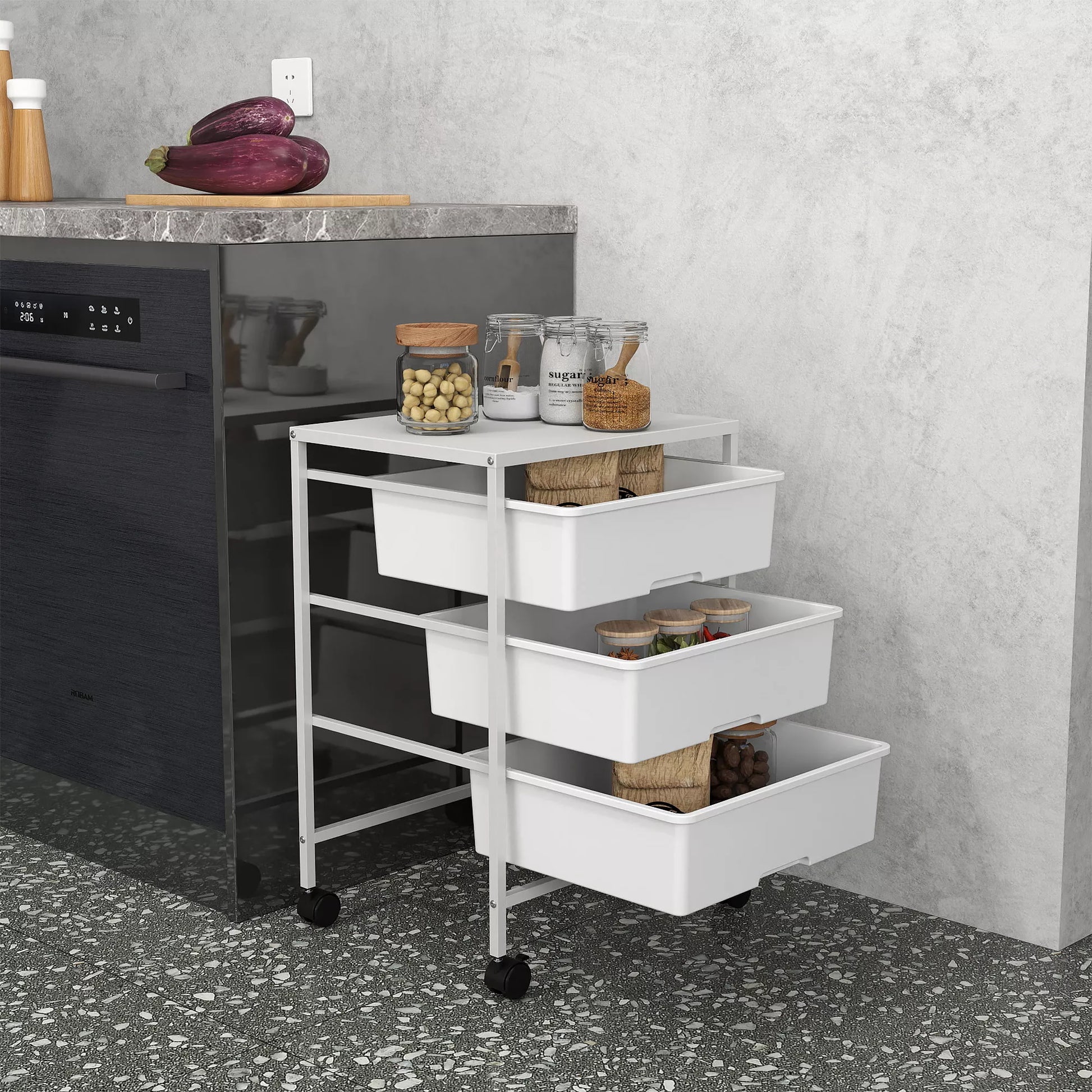 HOMCOM Vežimėlis ant ratukų, 3 krepšeliai transportavimui ir laikymui, virtuvinis vežimėlis, 40,8I x 33,5P x 60,5A cm, baltas