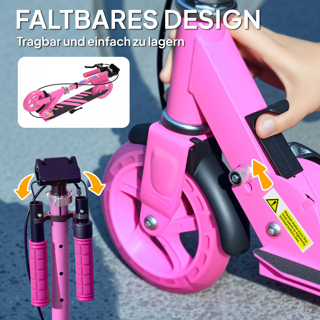 Rožinio paspirtuko sulankstomo mechanizmo ir atramos kojos detalė, artimas kadras